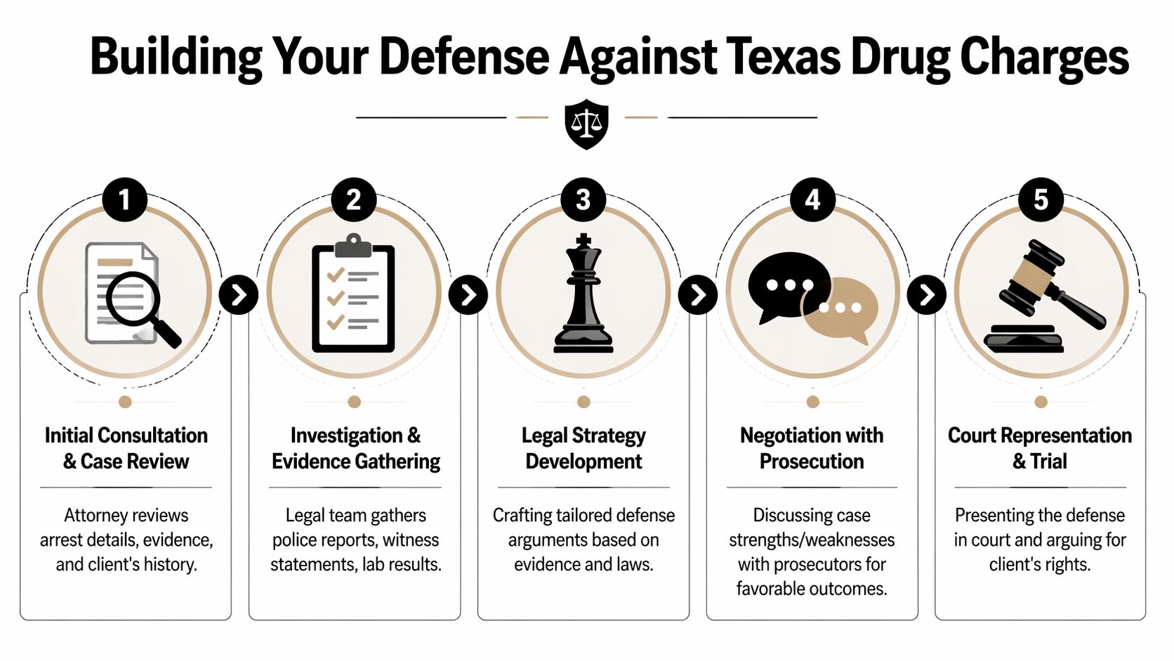 A five-step infographic showing the legal defense process for Texas drug charge cases, from consultation to trial.