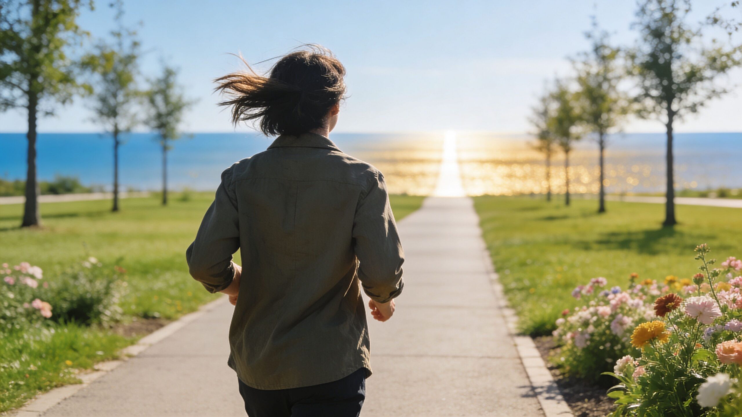 A person running down a pathway toward the ocean during a bright and sunny day