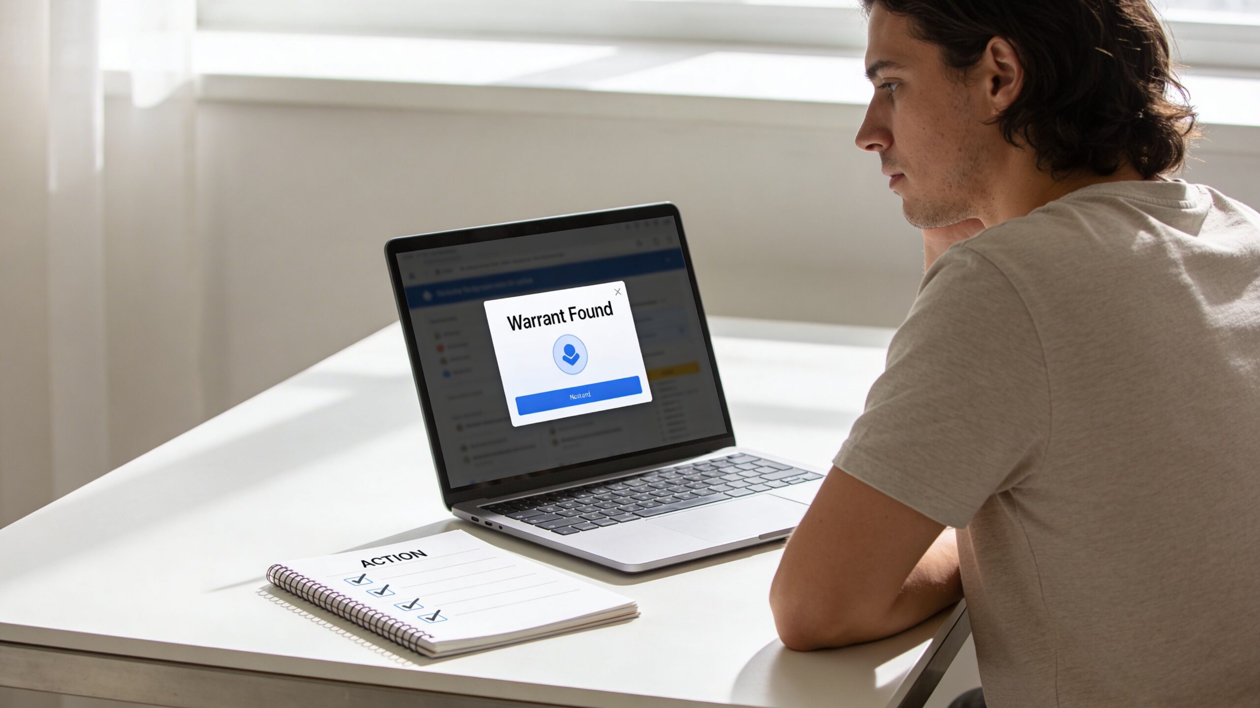 A person sitting at a desk looking at a laptop showing a warrant found notification screen.