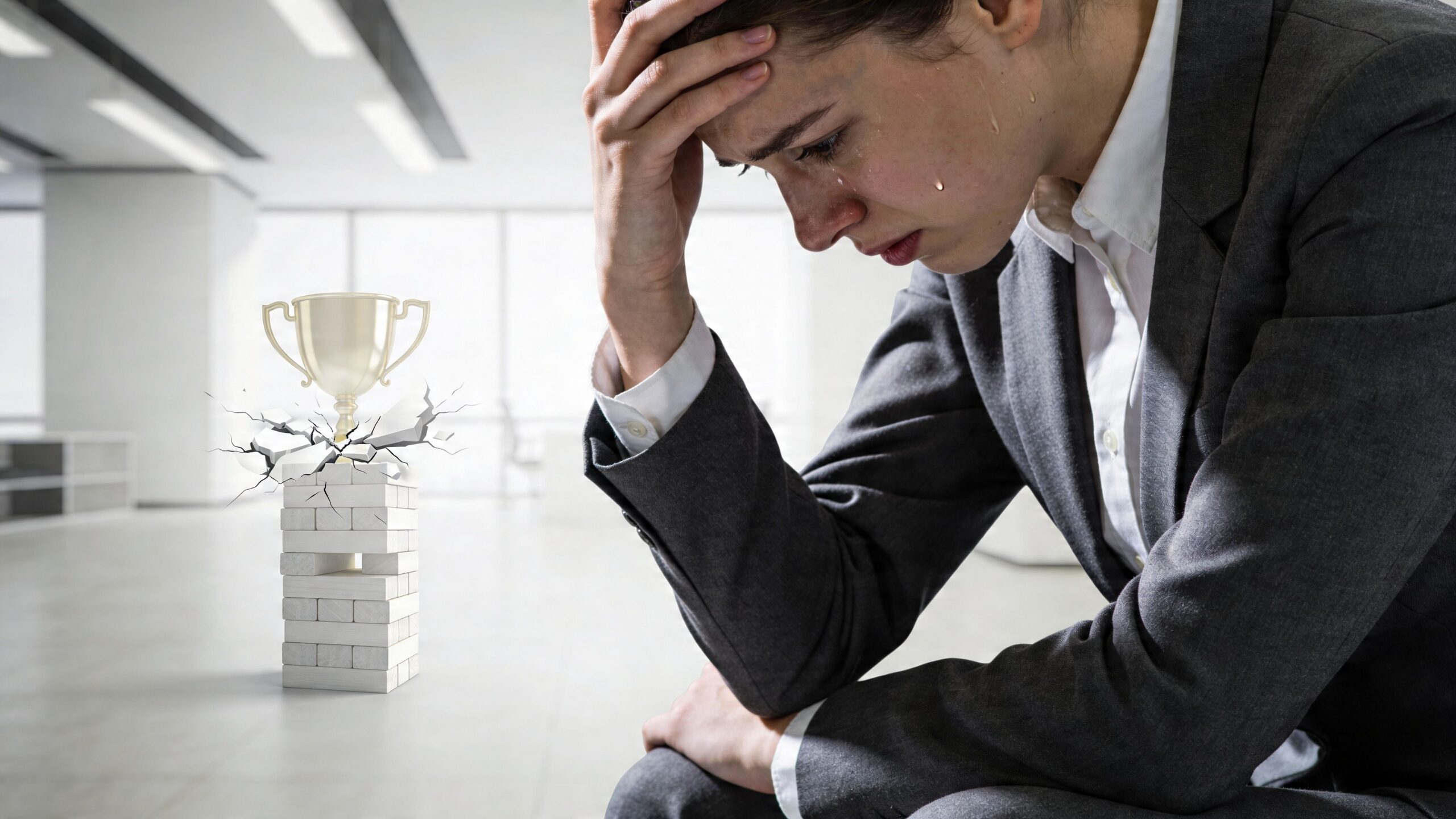 A distressed businesswoman crying with her head in her hands, symbolizing professional failure or career loss.