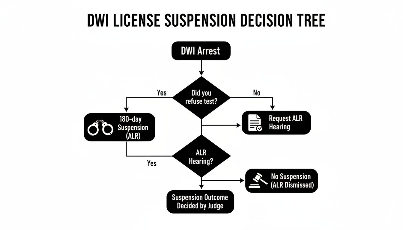 Flowchart illustrating the DWI license suspension decision process, including test refusal, ALR hearing, and suspension outcomes.