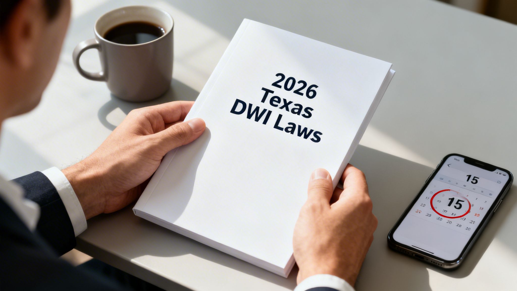 Person holding a book titled '2026 Texas DWI Laws' next to a coffee cup and phone calendar.