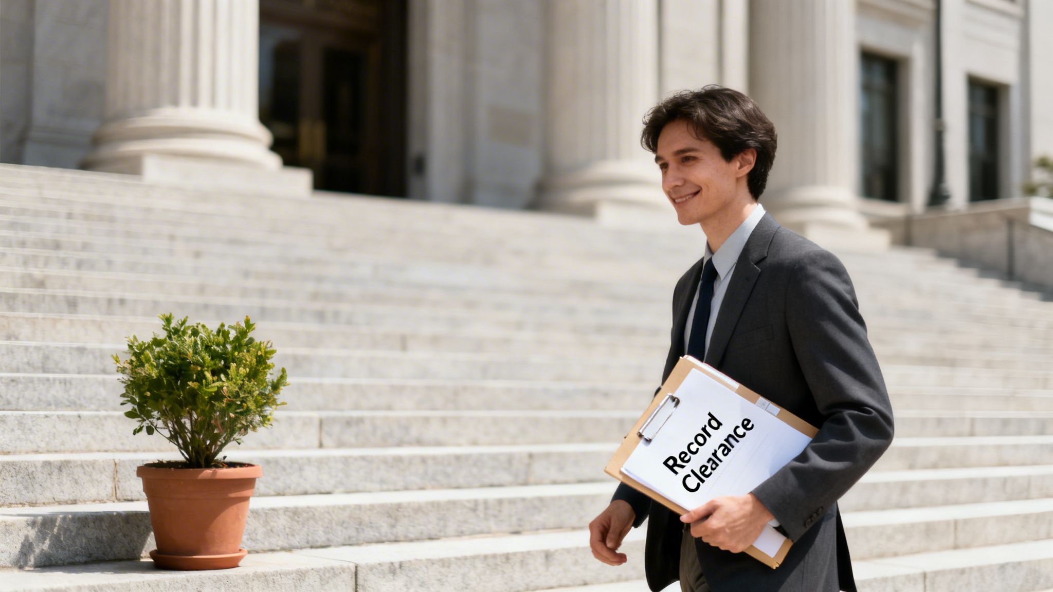 A smiling man in a suit holds a "Record Clearance" clipboard on courthouse steps.
