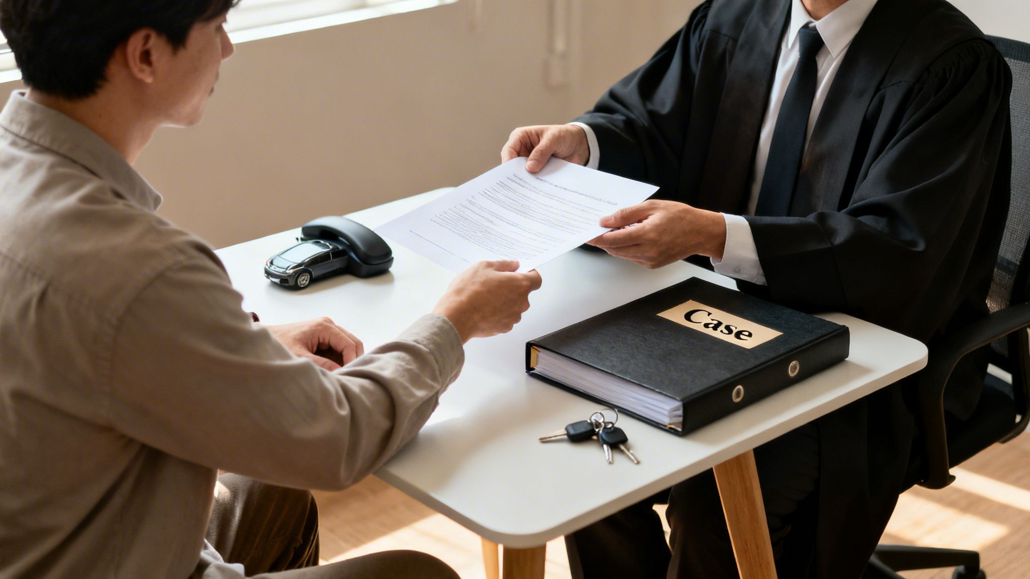 A lawyer in a black gown hands legal documents to a client across a white desk, discussing a case.