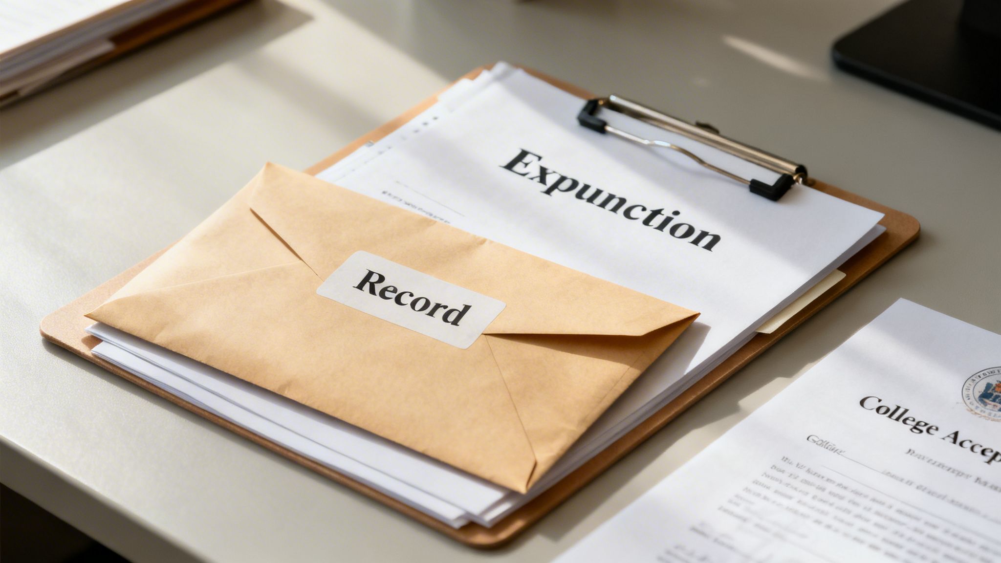 Close-up of legal documents on a desk, including an 'Expunction' form and 'Record' envelope.