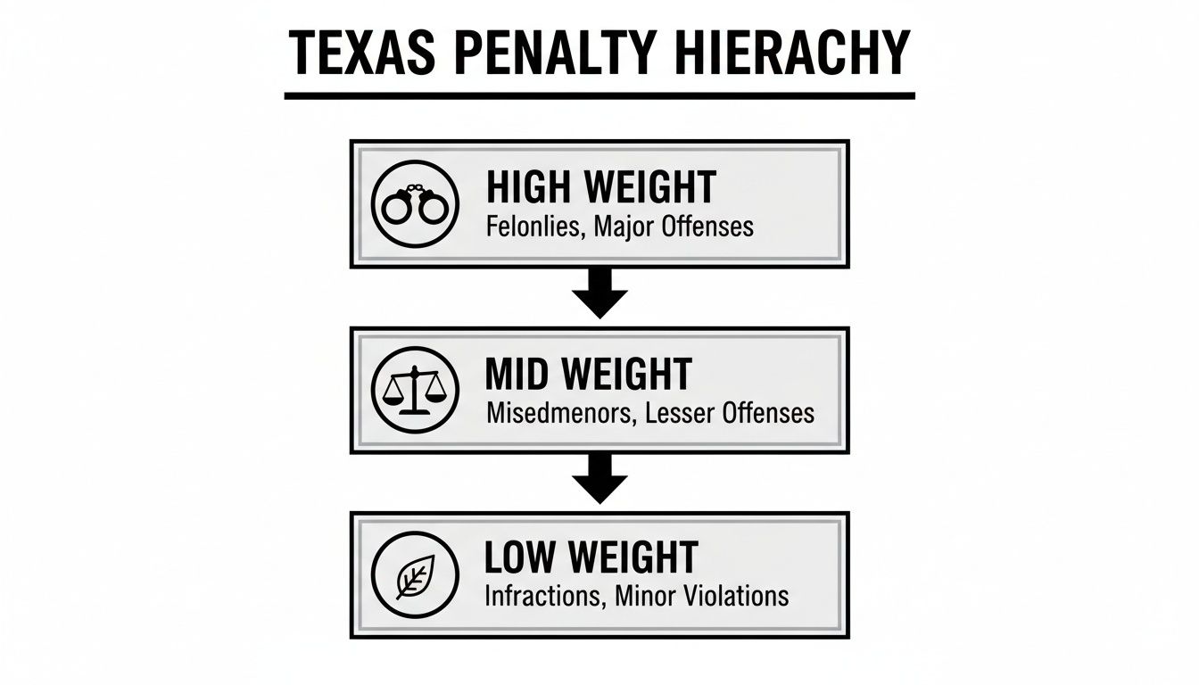Diagram illustrating Texas penalty hierarchy: felonies (high), misdemeanors (mid), and minor violations (low).