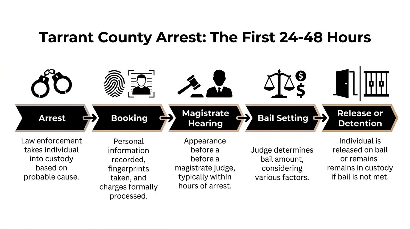 A flow chart showing the Tarrant County arrest process from initial custody through to potential bail release.