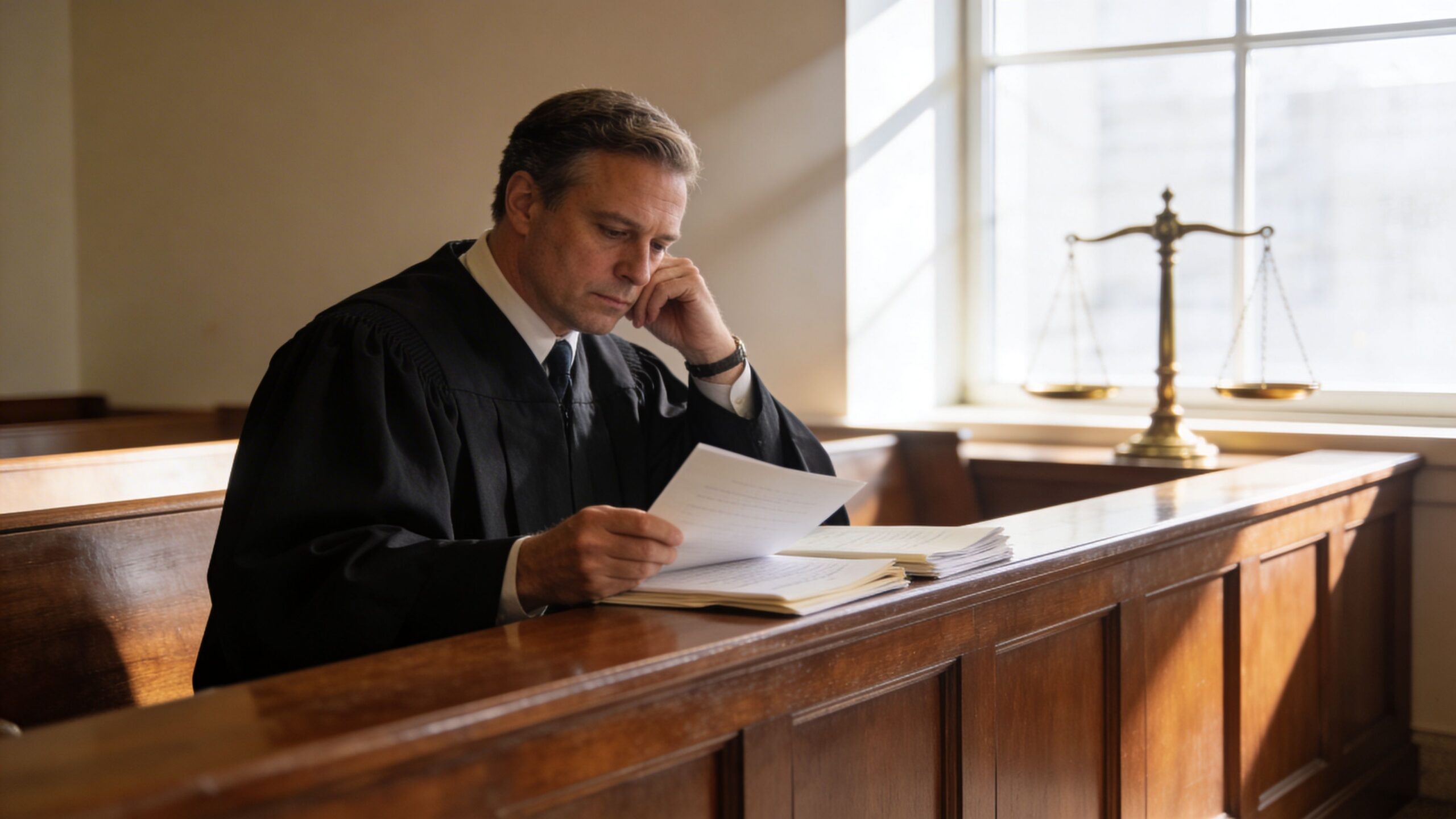 A pensive judge in a black robe reviews legal documents while seated at a wooden courtroom bench.