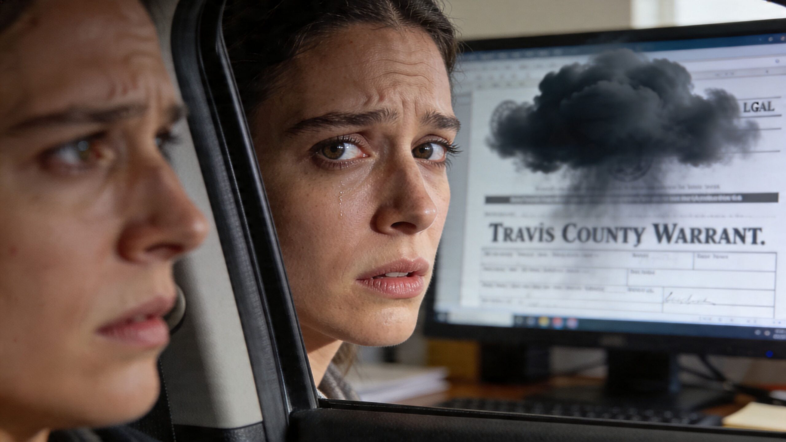 A distressed woman with a tear on her cheek looking at a Travis County warrant on screen.