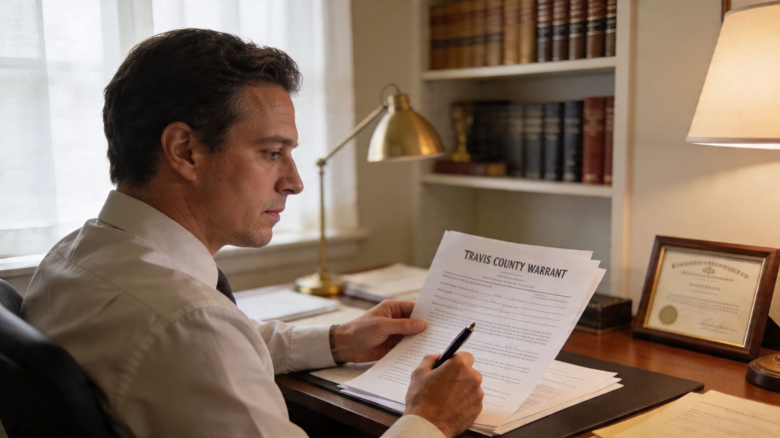A professional man sitting at a desk reviewing a Travis County warrant document with a pen.