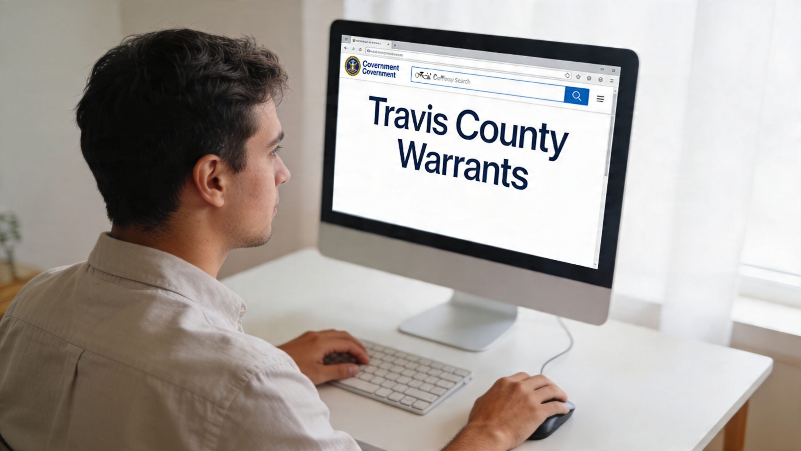 A young man sitting at a desk looking at a computer screen searching for Travis County warrants.
