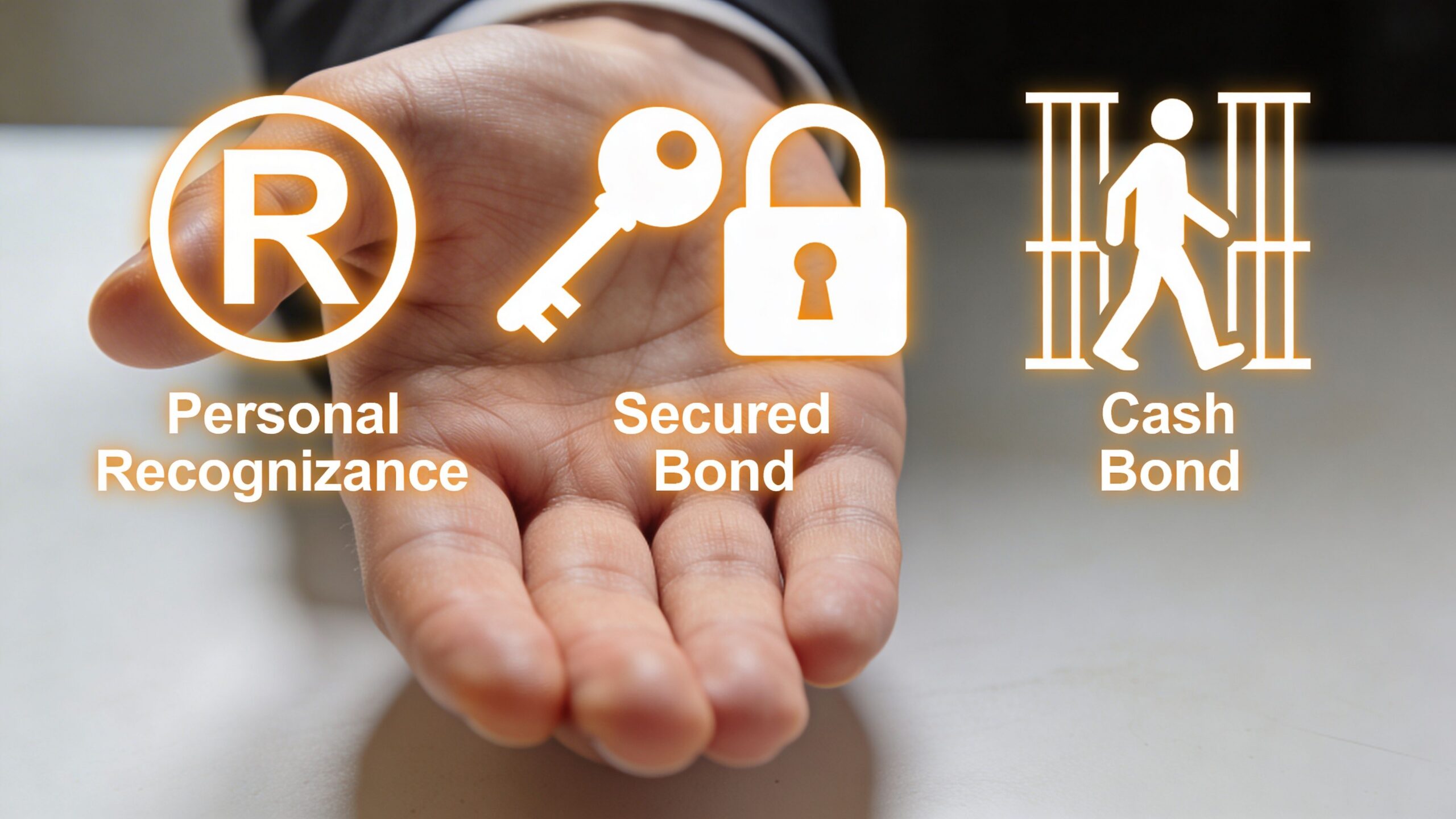 A hand open to display icons representing personal recognizance, secured bond, and cash bond legal processes.