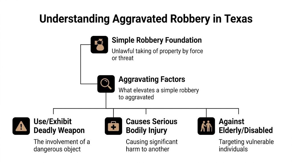A flowchart explaining the factors that elevate a simple robbery to aggravated robbery in Texas law.