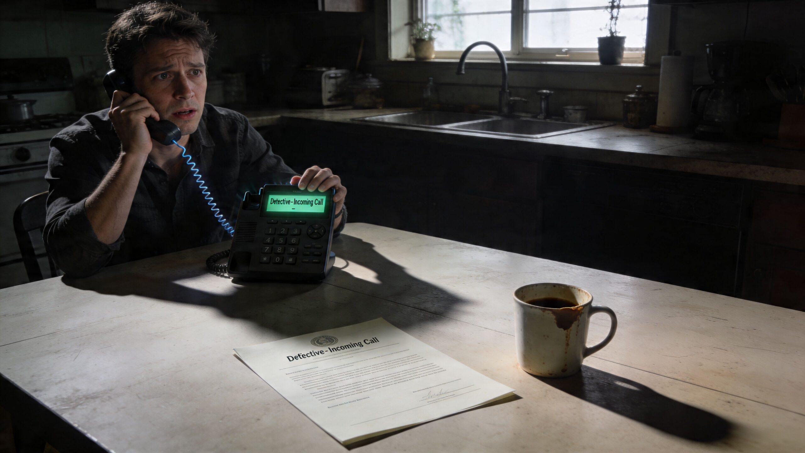 A concerned man sitting in a dark kitchen, answering a landline phone labeled Detective Incoming Call.