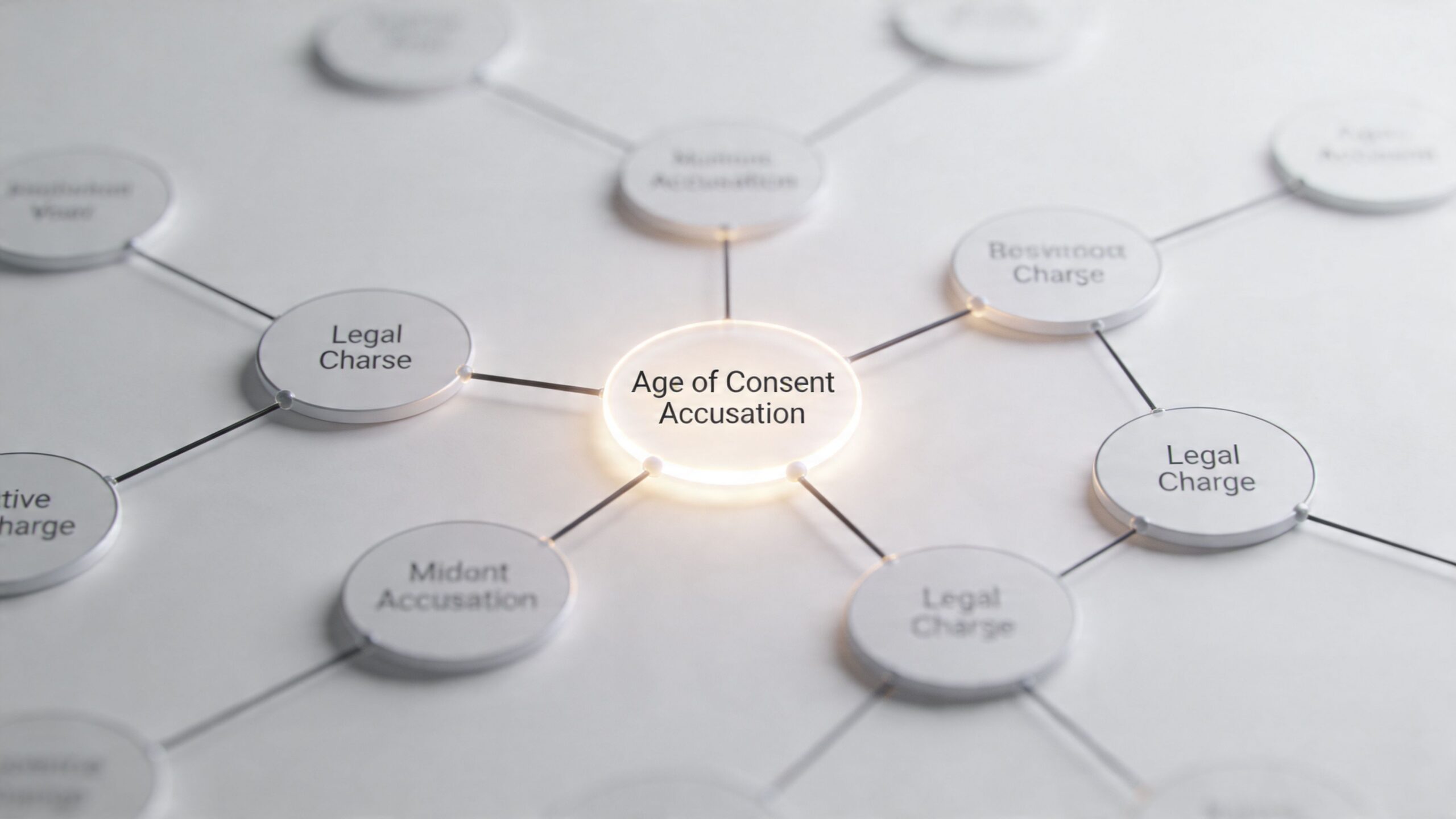 A digital mind map centered on the topic of age of consent accusation with surrounding legal concepts.