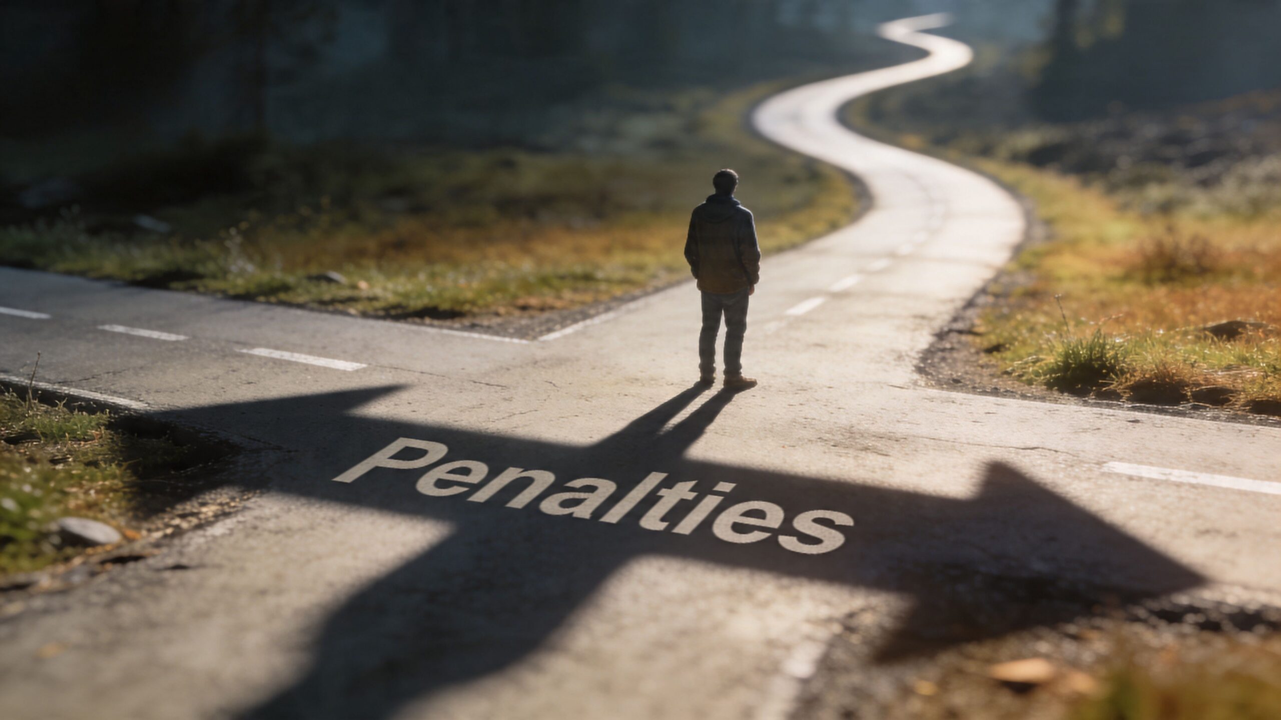 A person standing at a crossroads with a large shadow shaped like an arrow displaying the word Penalties.