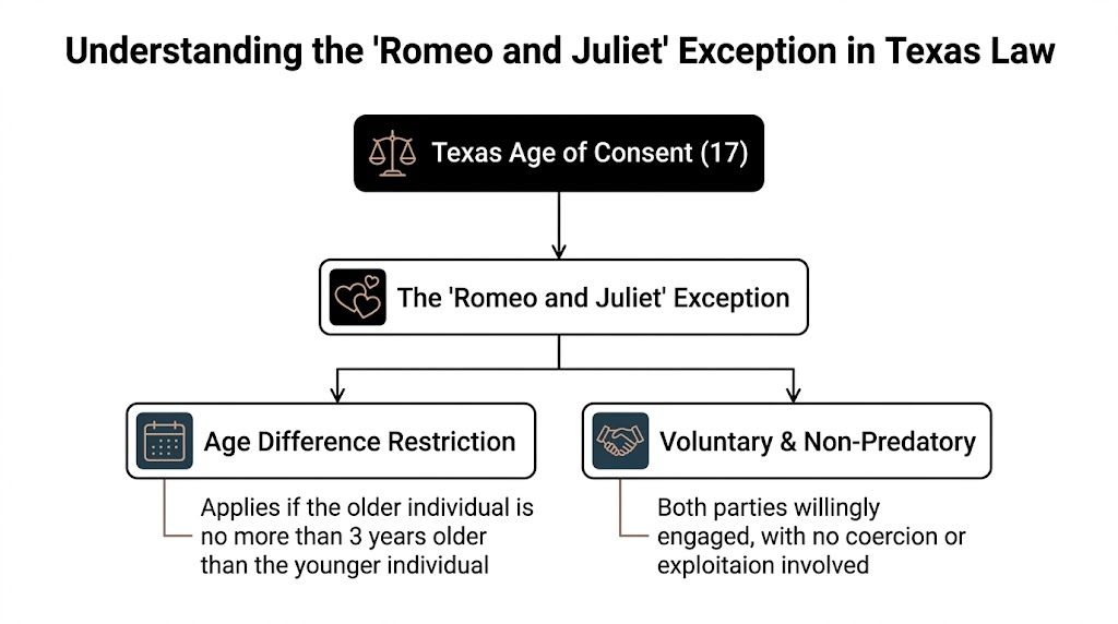 Flowchart explaining the Romeo and Juliet exception in Texas law regarding the age of consent.