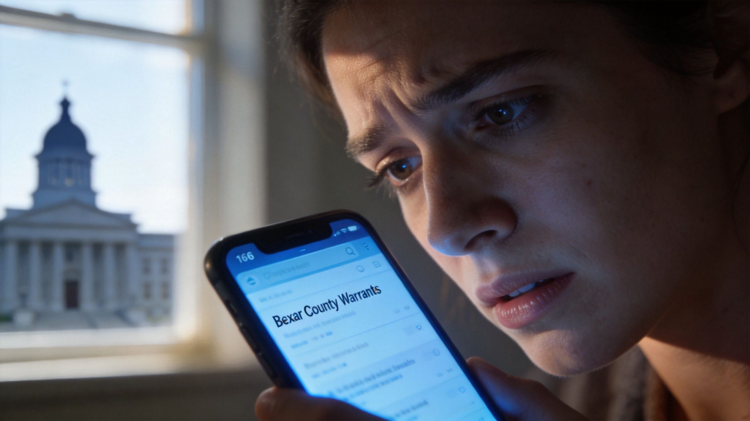 A concerned woman looks at a smartphone screen displaying Bexar County Warrants with a courthouse in background.