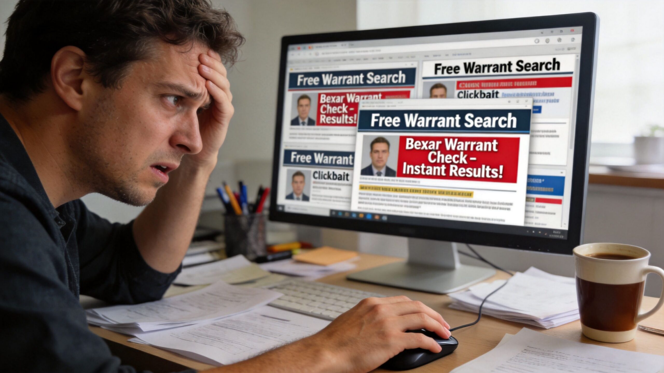 A distressed man looking at a computer screen displaying multiple suspicious free warrant search pop-up advertisements.