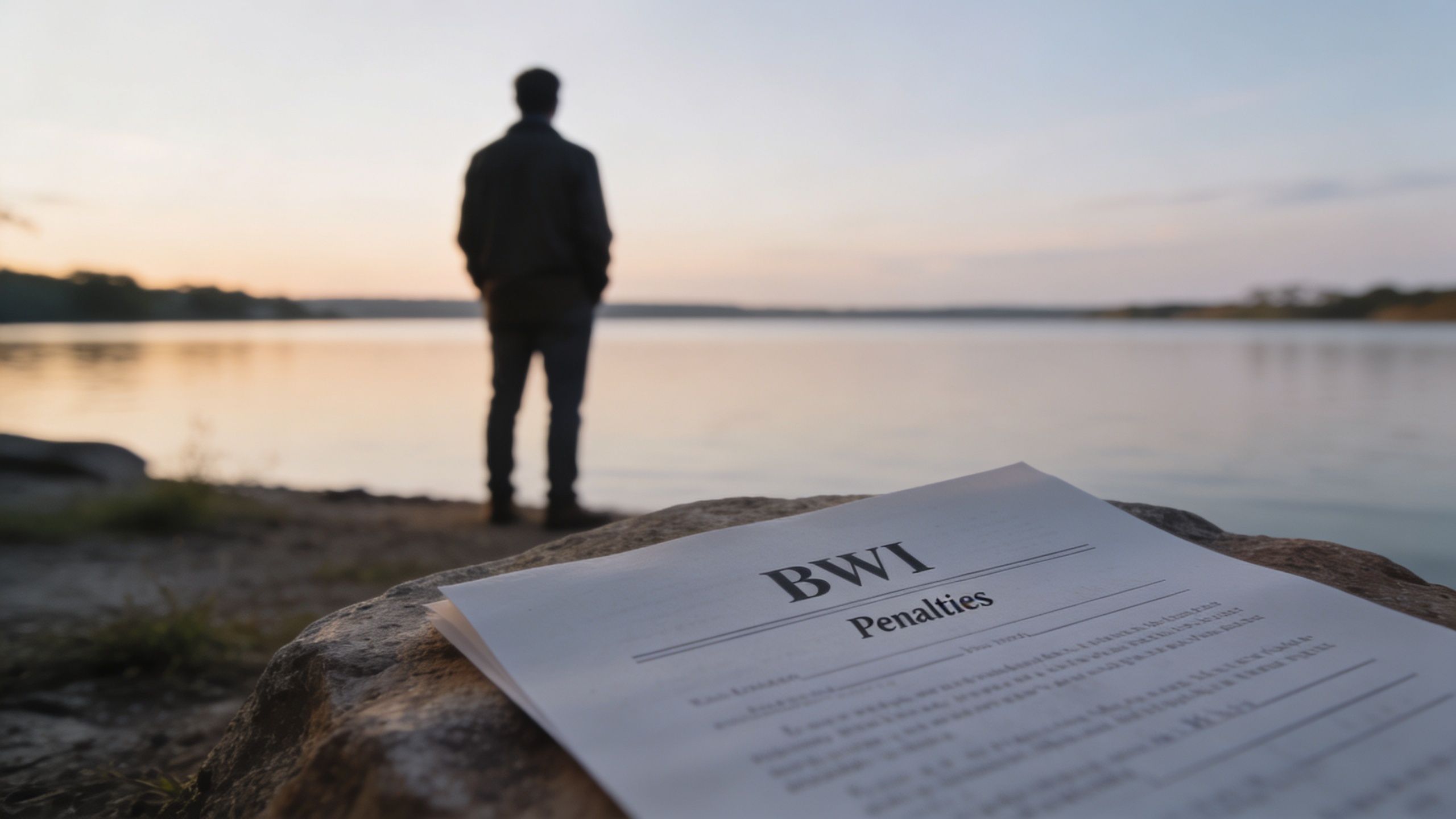 A silhouette of a man stands by a lake at sunset next to a paper titled BWI Penalties.