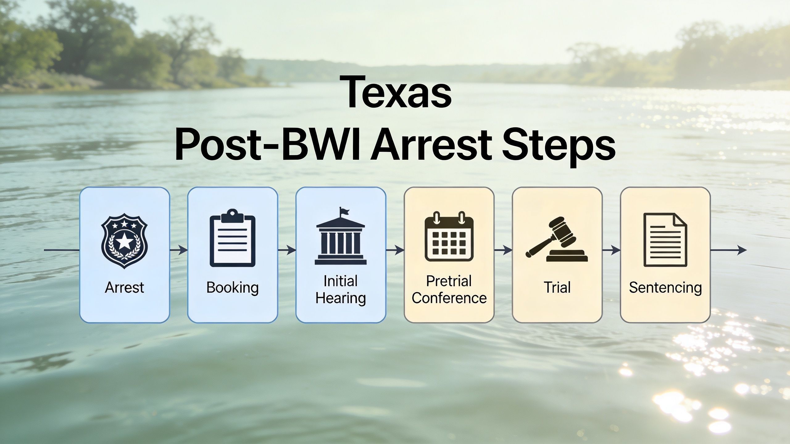 A flowchart showing the six sequential legal steps after a boating while intoxicated arrest in Texas.