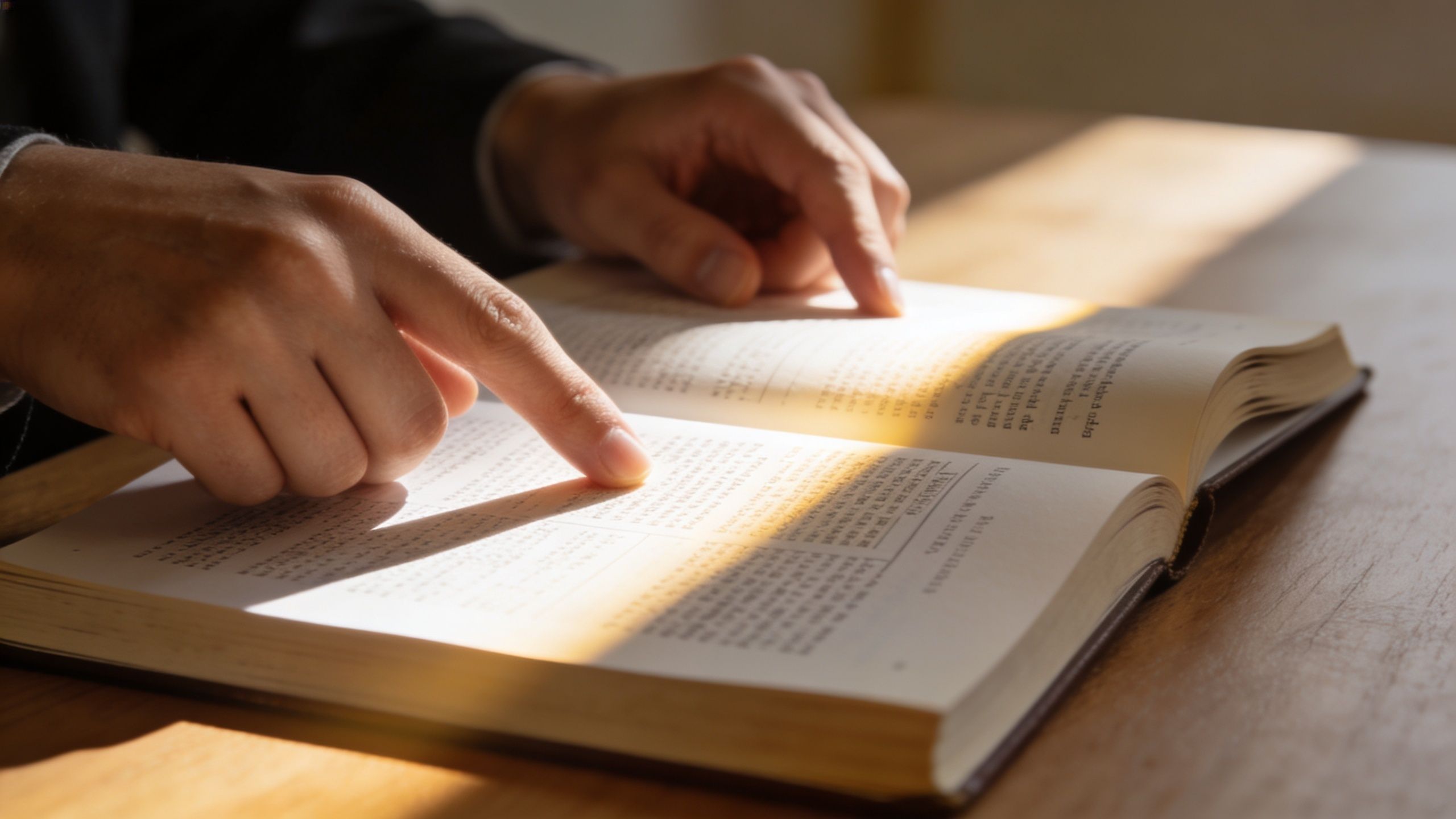 A person in a suit pointing to text in an open book on a wooden table.