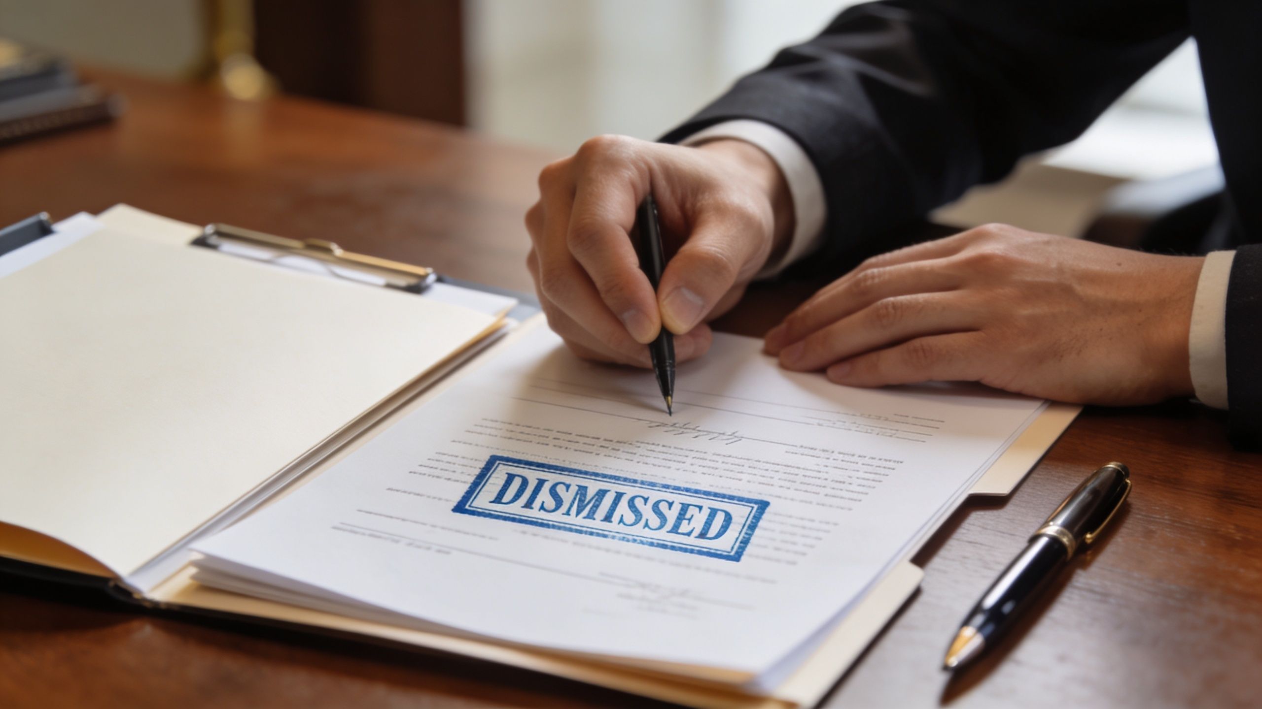 A legal professional signs a document with a prominent blue stamped DISMISSED mark on the paper.