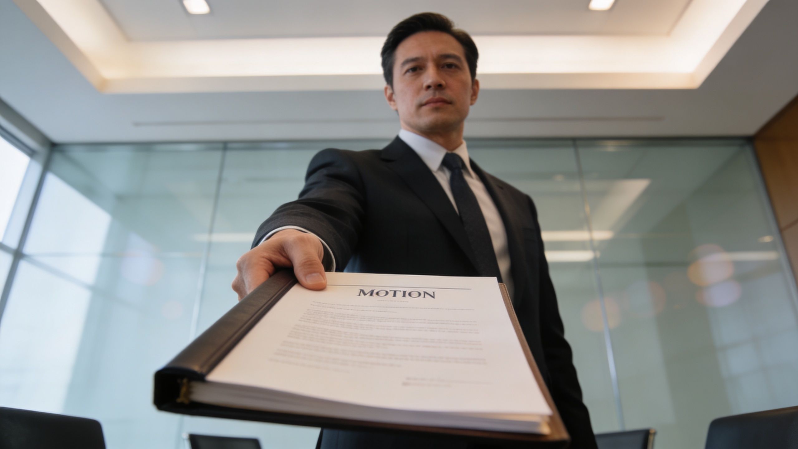 A professional man in a suit holds a legal motion folder toward the camera in an office.