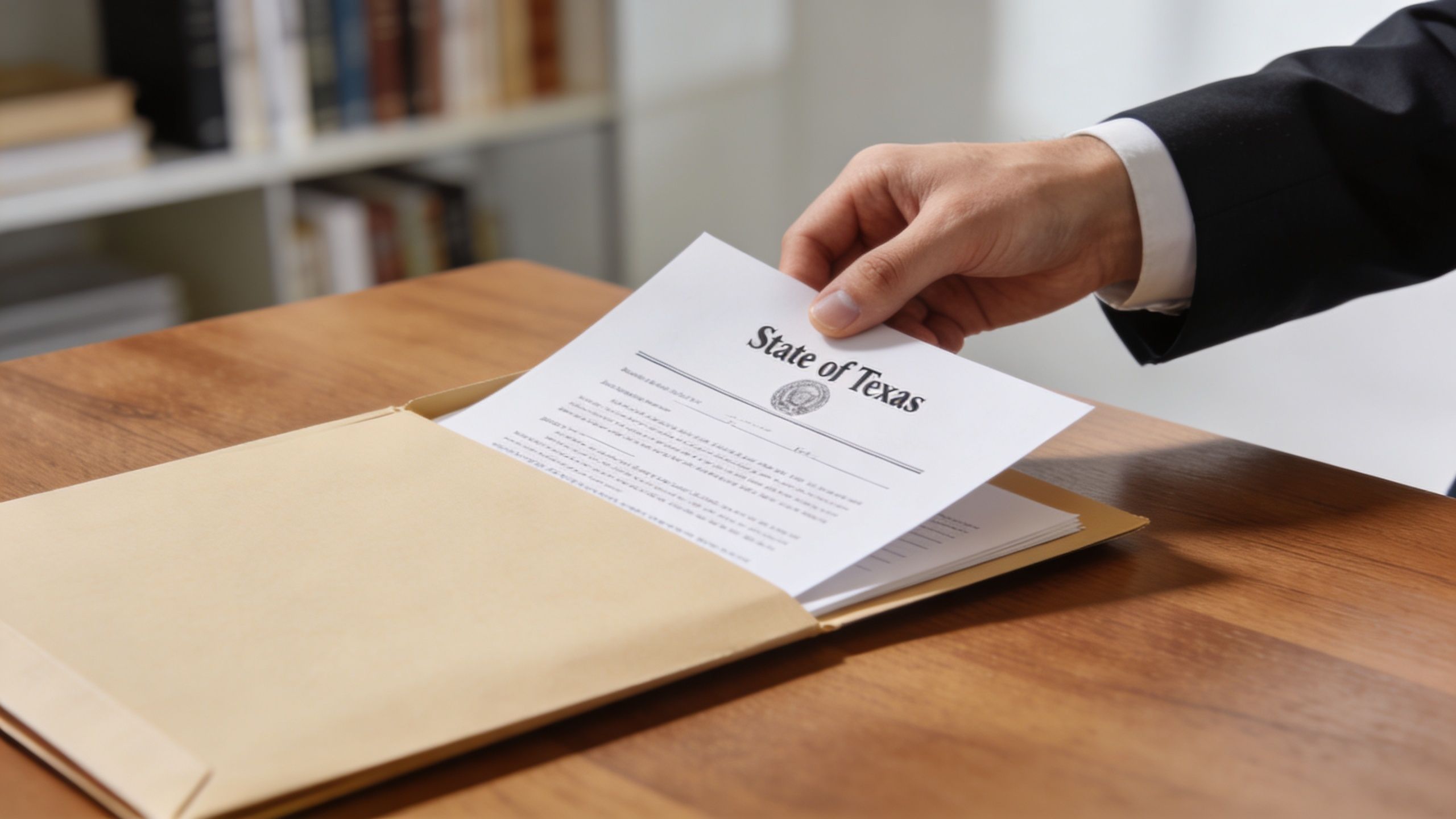 A professional in a suit pulling a legal document from the State of Texas out of a manila envelope.
