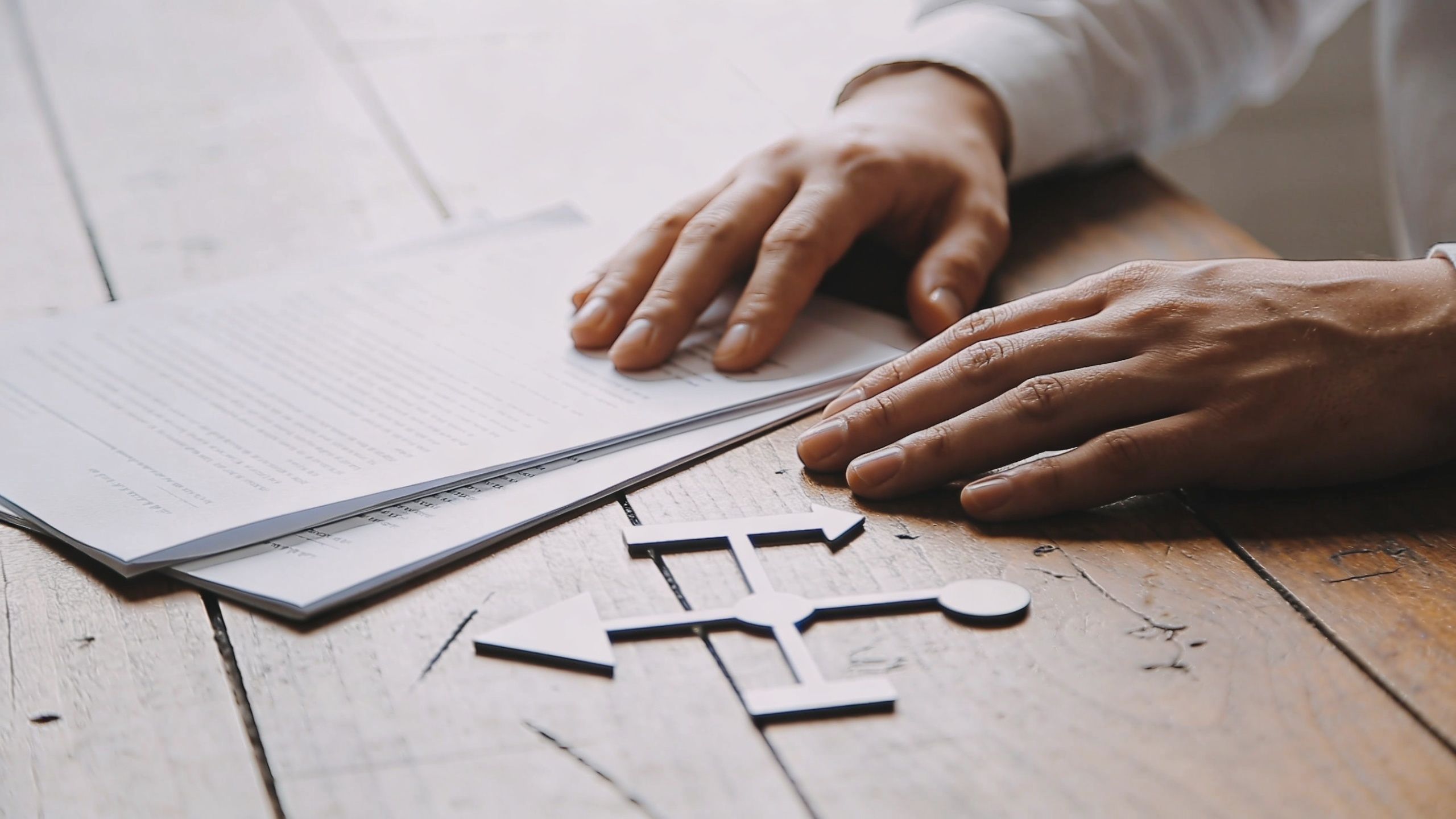 A person placing hands on legal documents next to a wooden directional arrow sign on a desk.