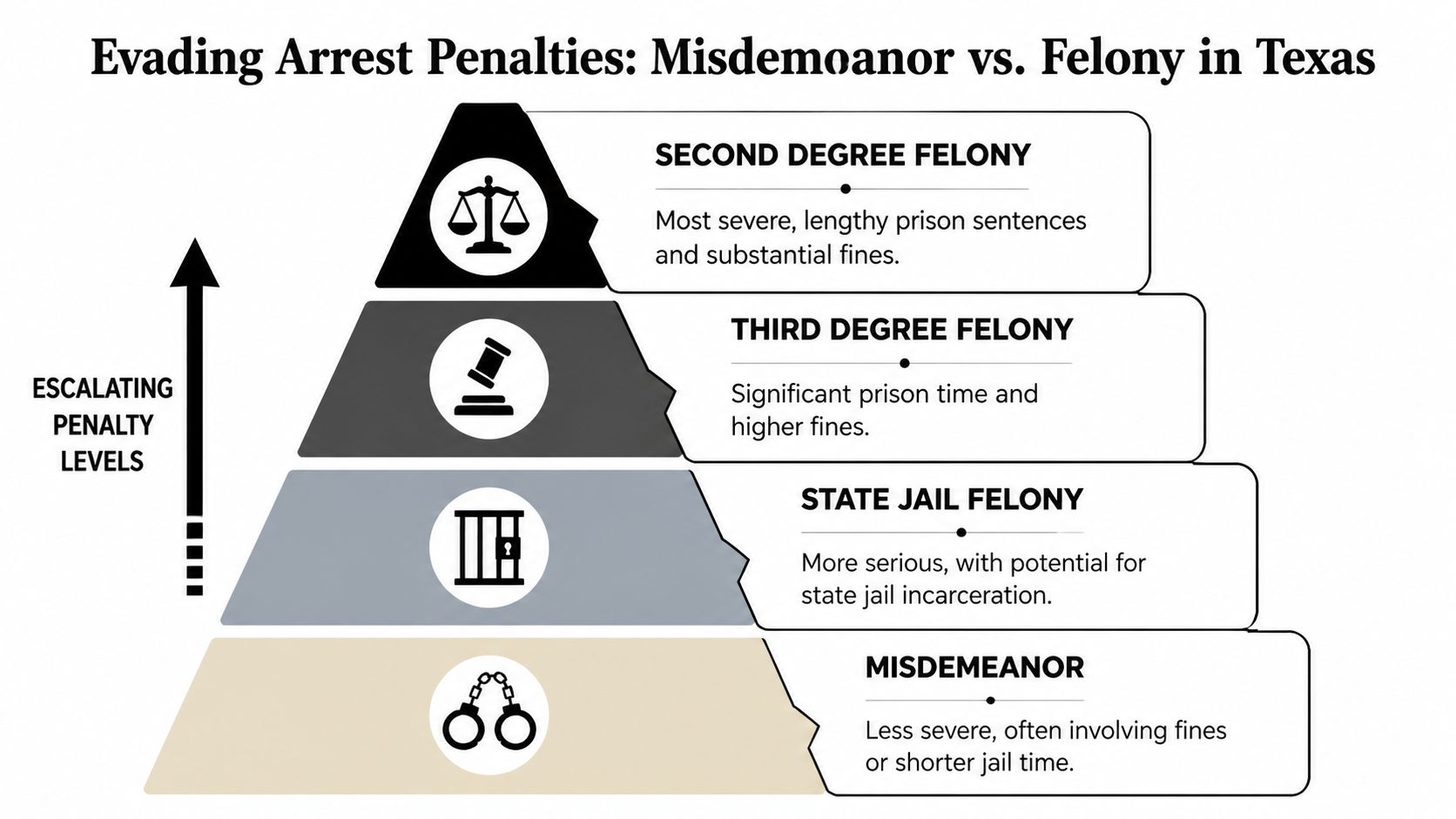 A pyramid chart illustrating the escalating penalty levels for evading arrest in Texas, ranging from misdemeanors to felonies.