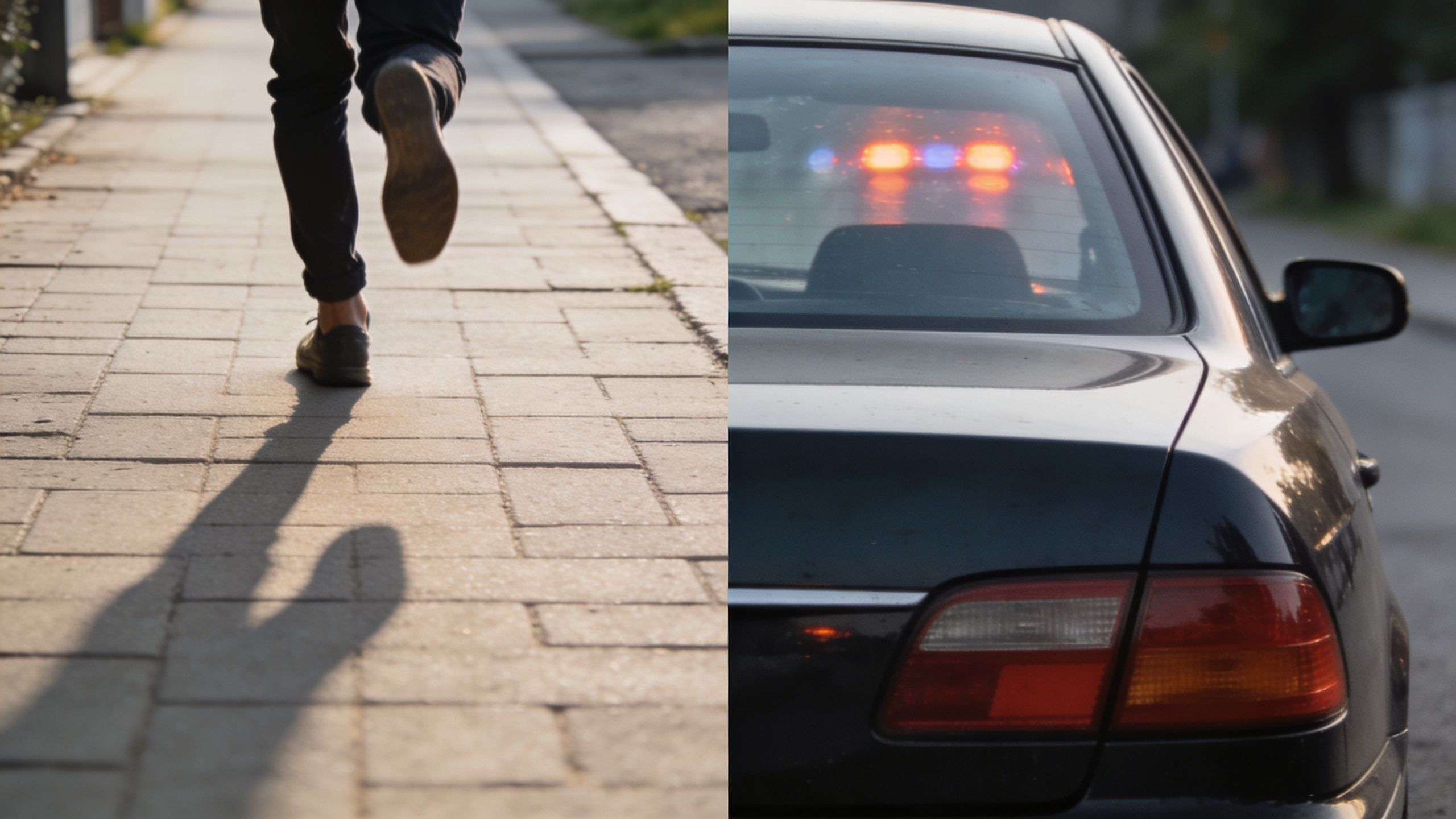 A person running away on a sidewalk next to a police car with flashing emergency lights.