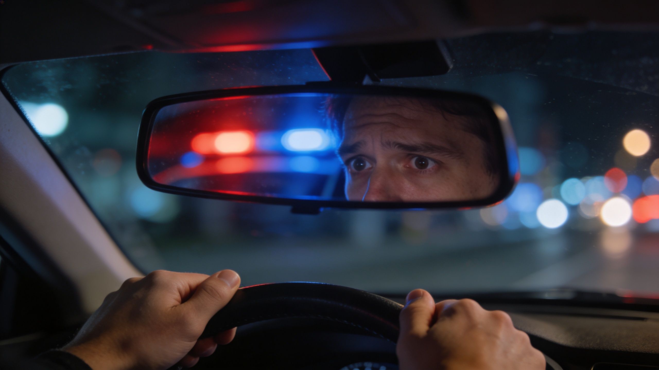 A driver looks nervous in the rearview mirror while police car emergency lights flash behind the vehicle.