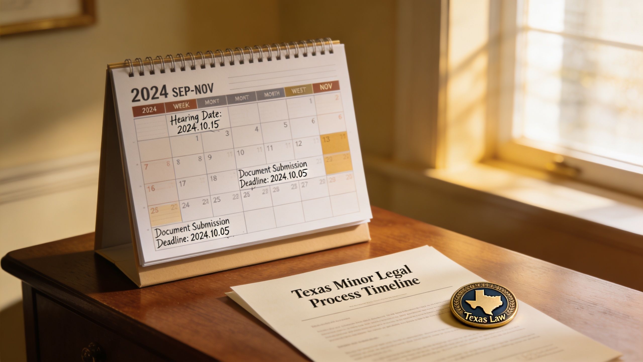 A legal calendar on a desk featuring key dates for a Texas minor legal process timeline.