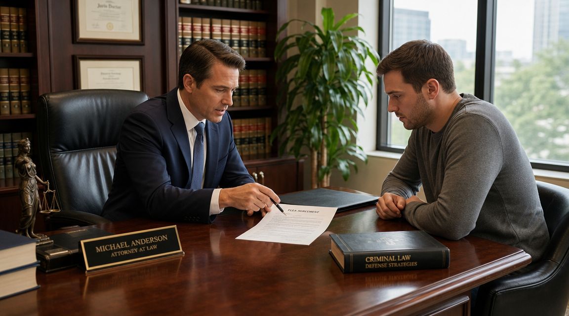 A defense attorney explains a plea agreement document to his client in a professional law office setting.