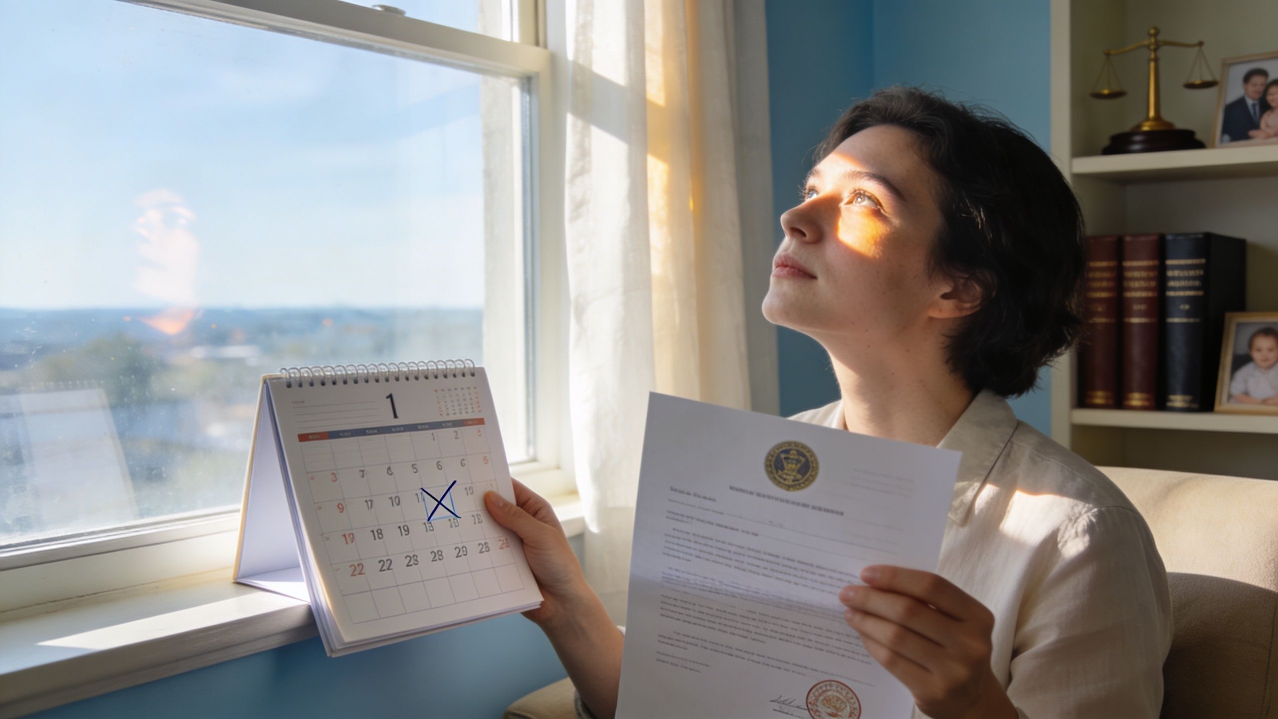 A person looks thoughtfully out a window while holding a calendar and a formal legal document.