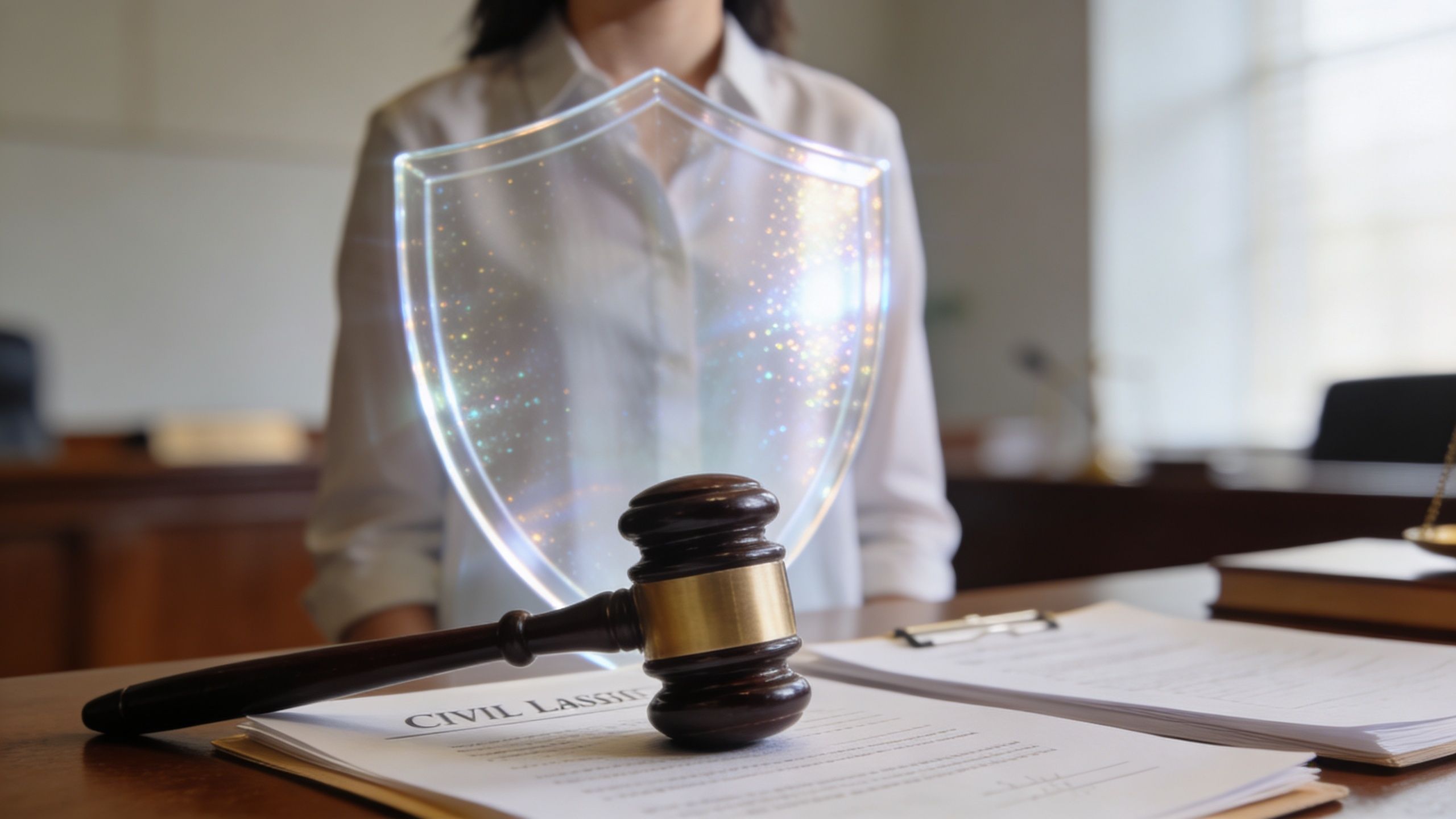 A wooden judge gavel resting on legal documents with a glowing digital shield hologram in the background.
