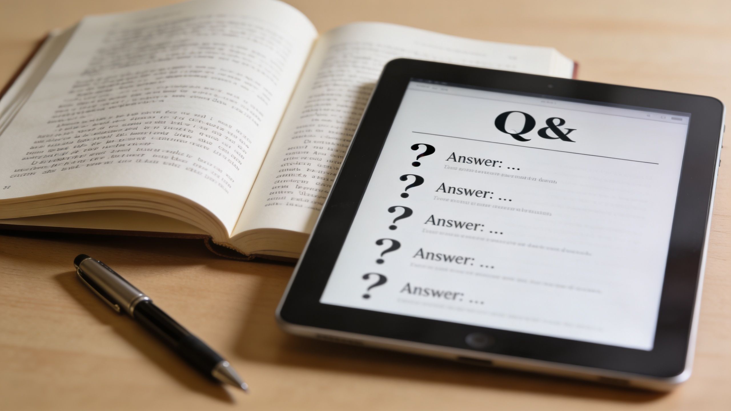 An open book, a pen, and a tablet displaying a Q&A list on a wooden desk.