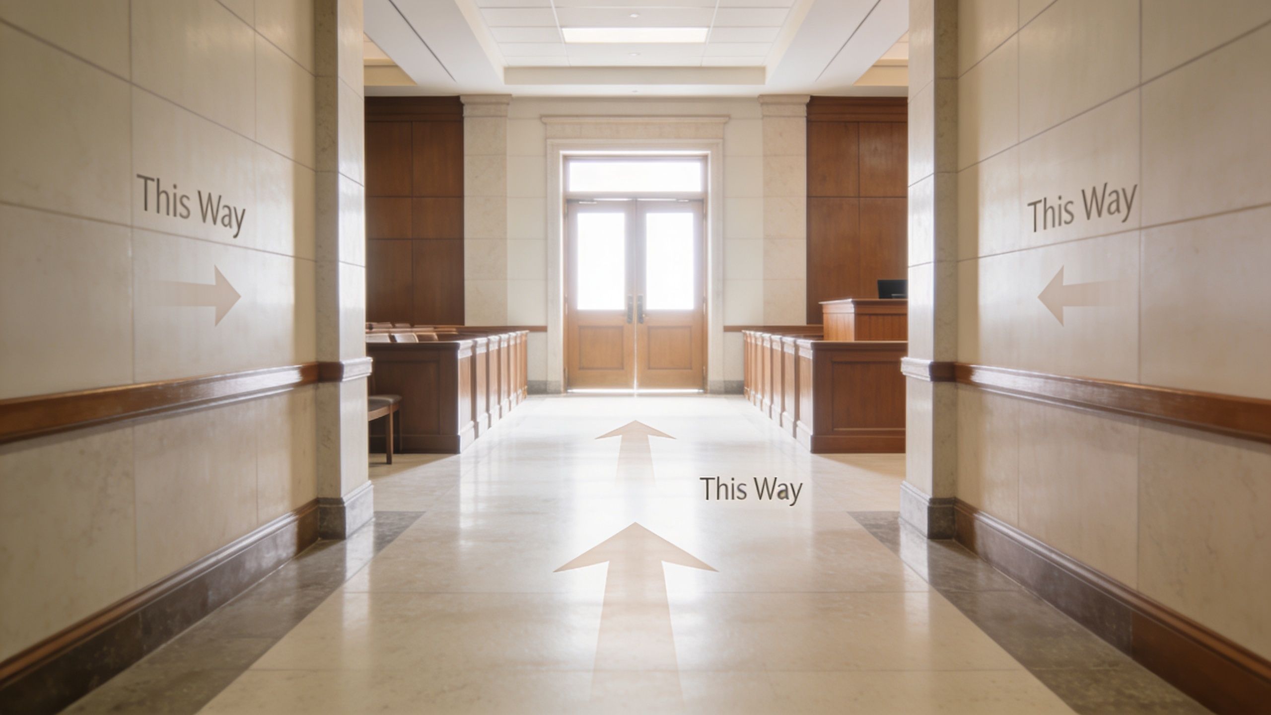 A wide interior hallway of a courtroom with wooden pews and large double doors at the end.