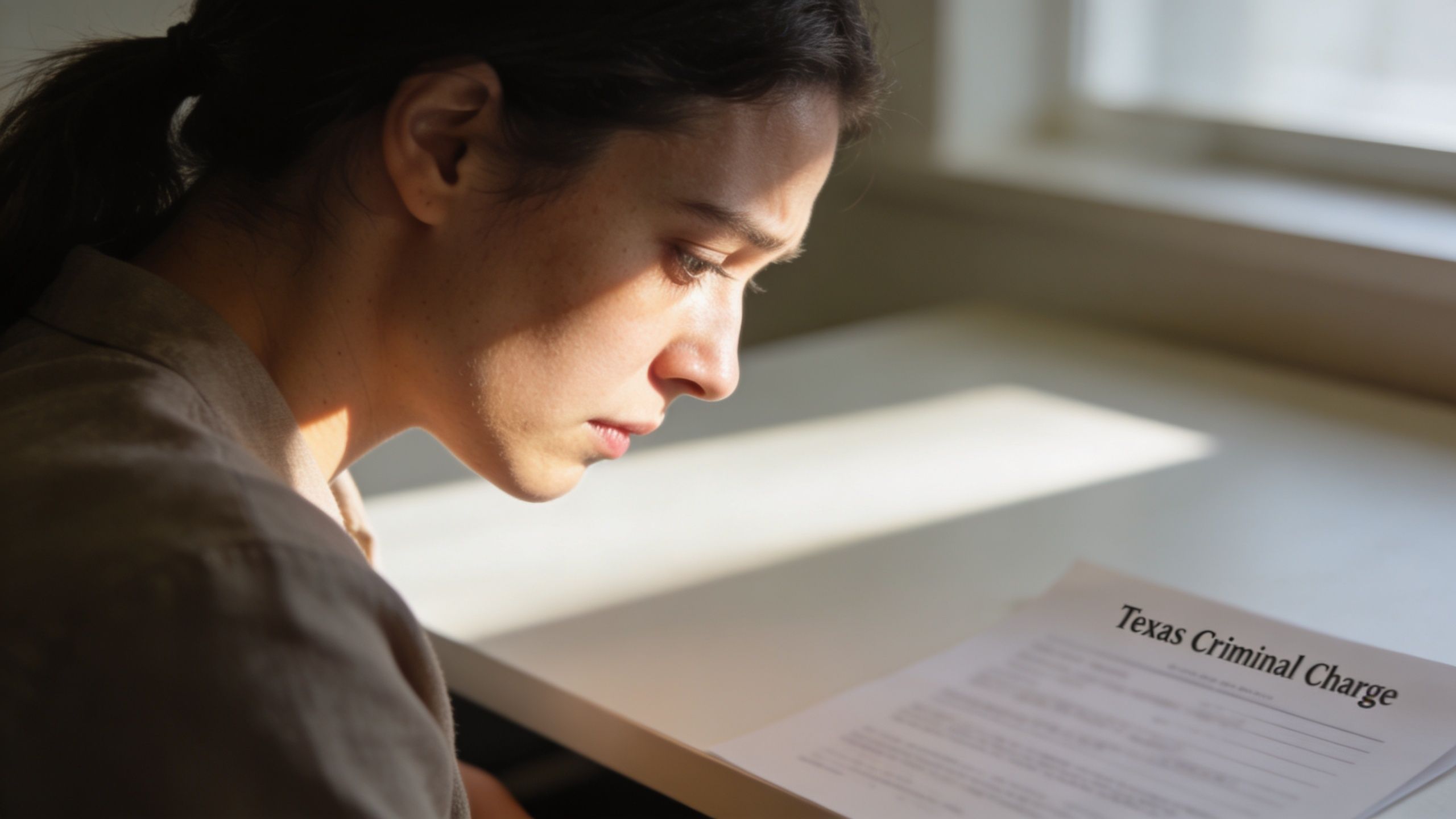 A concerned woman sitting at a desk and reviewing a legal document labeled Texas Criminal Charge.