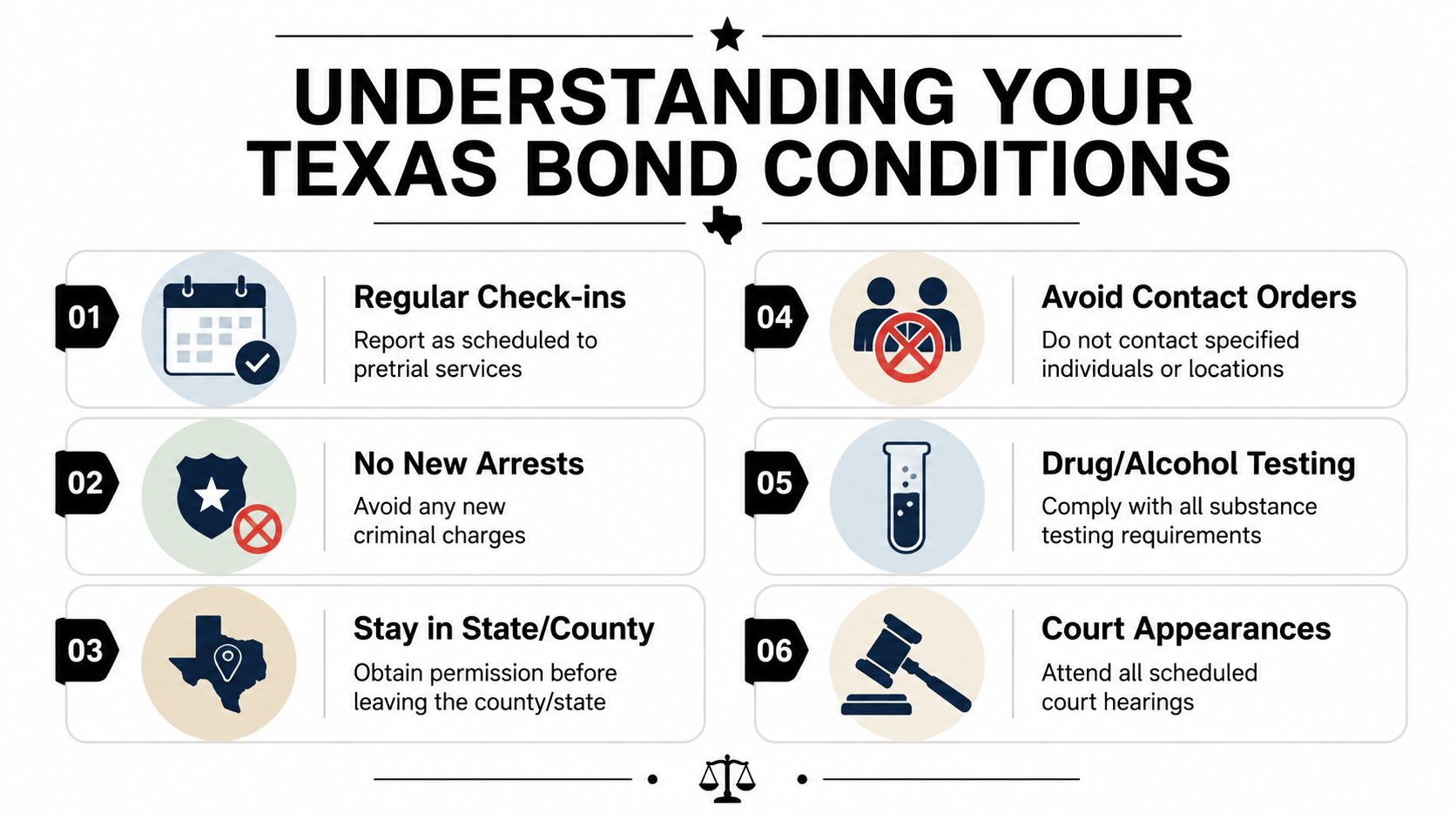 An infographic titled Understanding Your Texas Bond Conditions detailing six standard requirements for individuals released on bail.