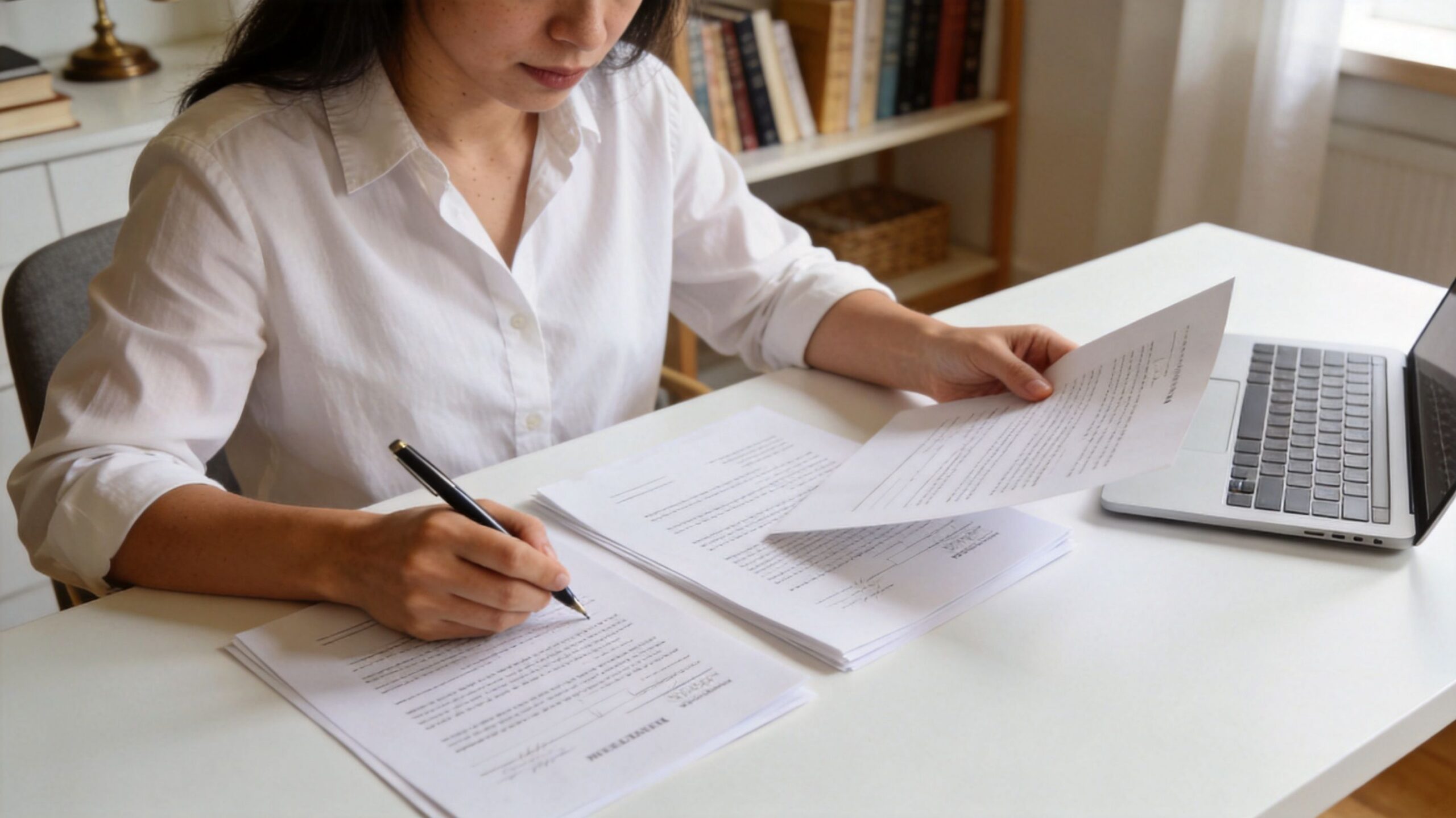 A professional woman in a white shirt reviewing and signing legal documents at her desk.