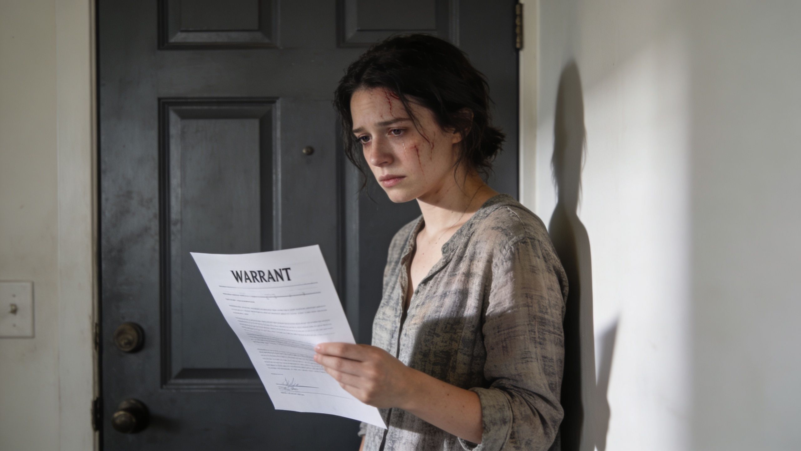 A distressed woman with facial injuries holding a warrant document while standing inside her home.