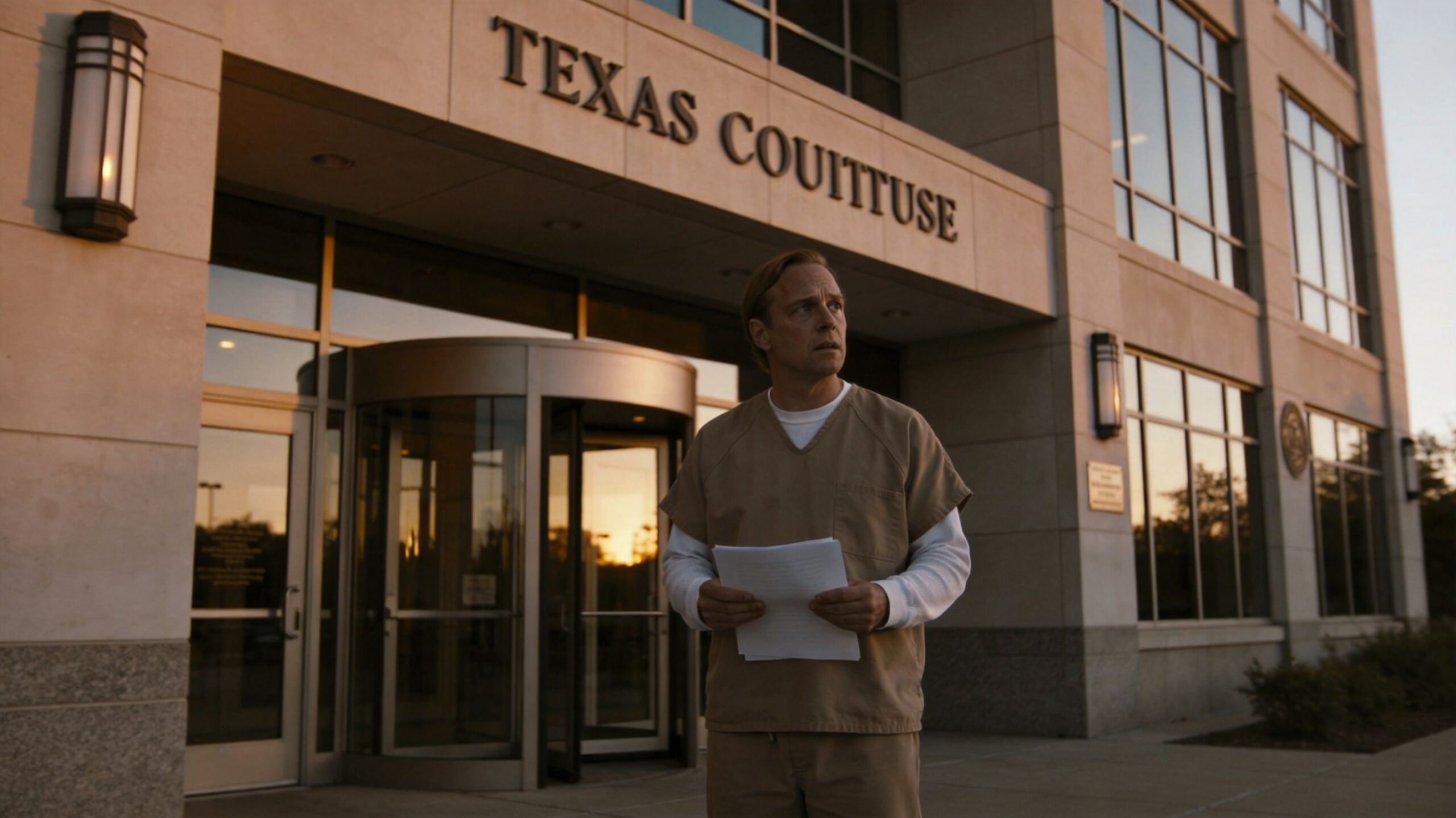 A man in a tan prison uniform stands holding papers outside a Texas courthouse at sunset.
