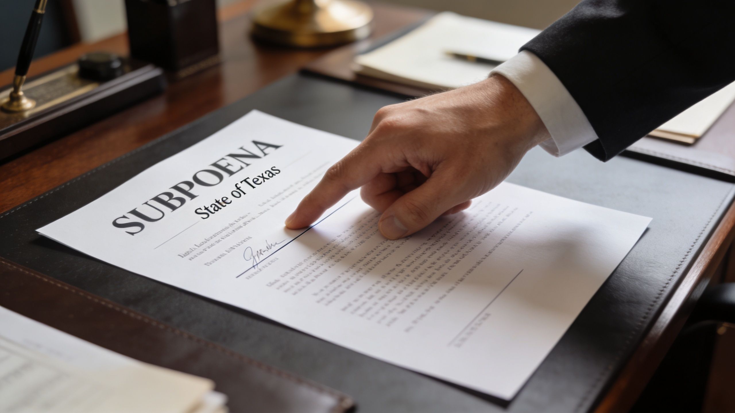 A legal professional points to a subpoena document on a desk in an office setting.