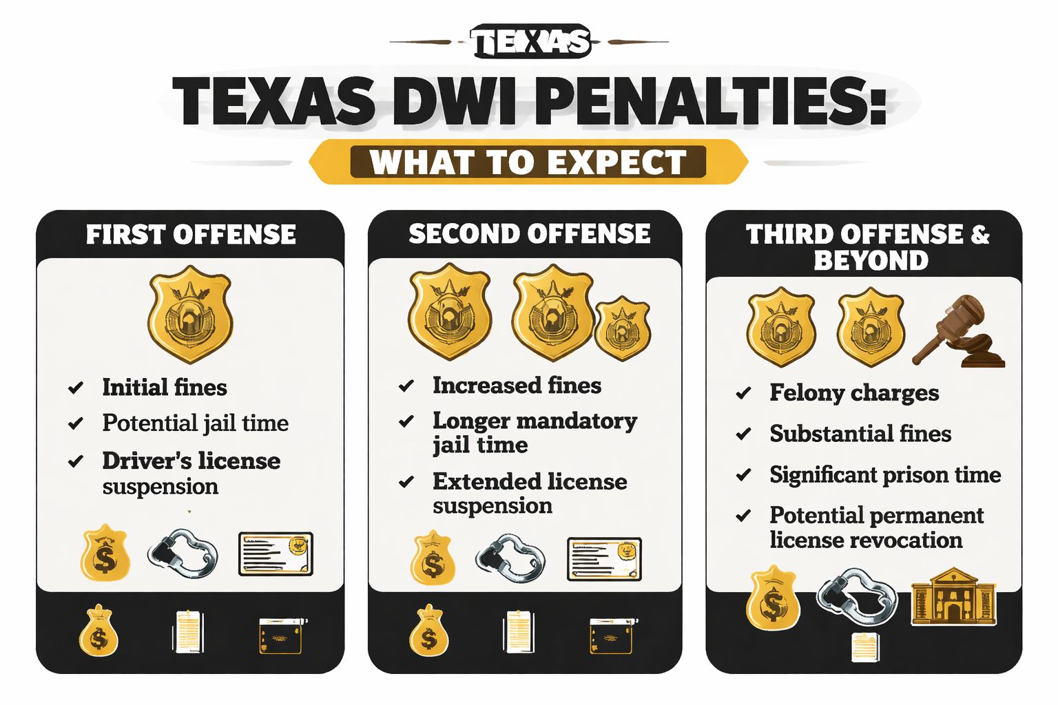 An infographic showing escalating penalties for first, second, and third or more DWI offenses in Texas.