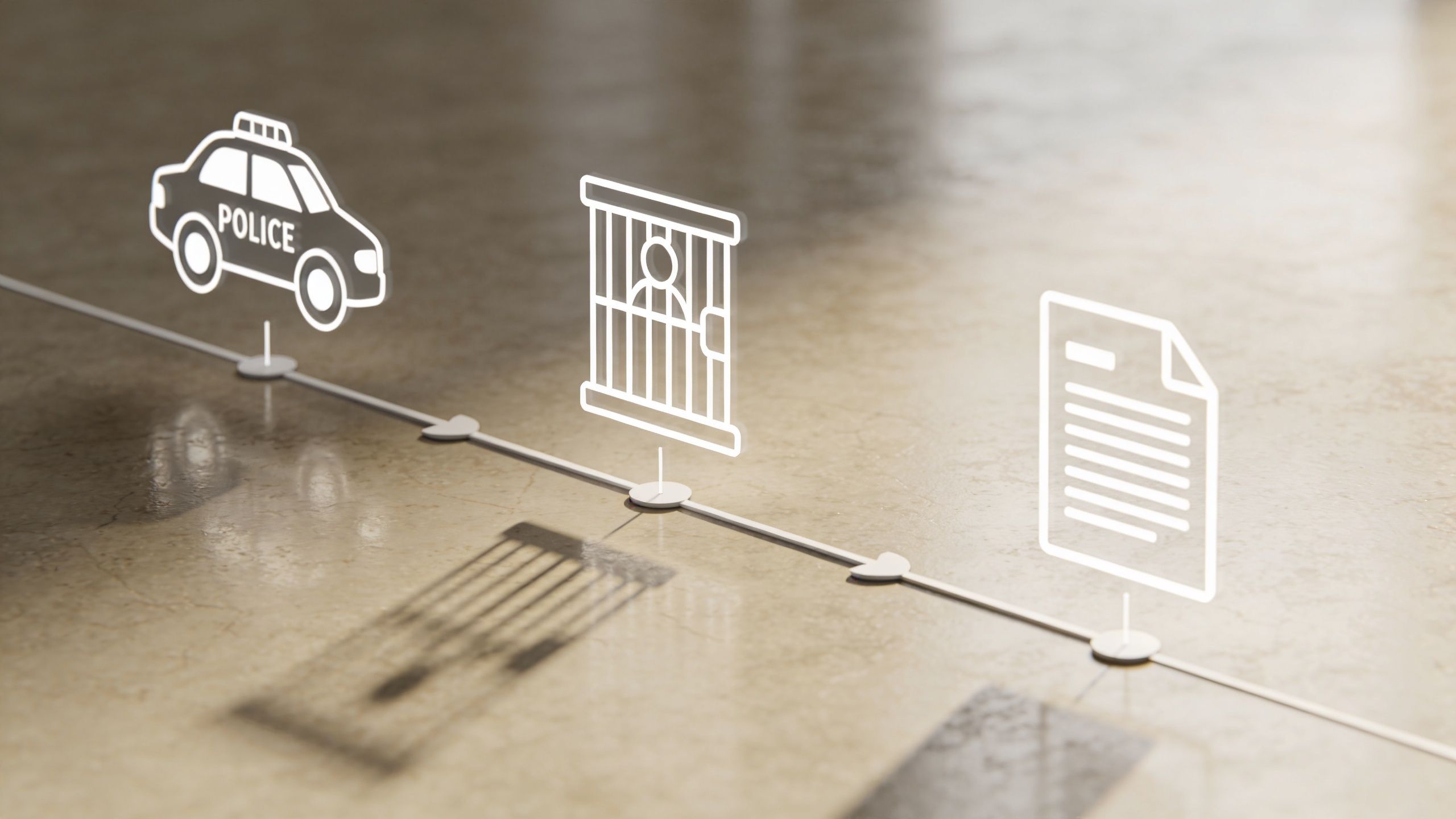 A digital timeline illustration representing the stages of the legal process involving police, jail, and legal documents.