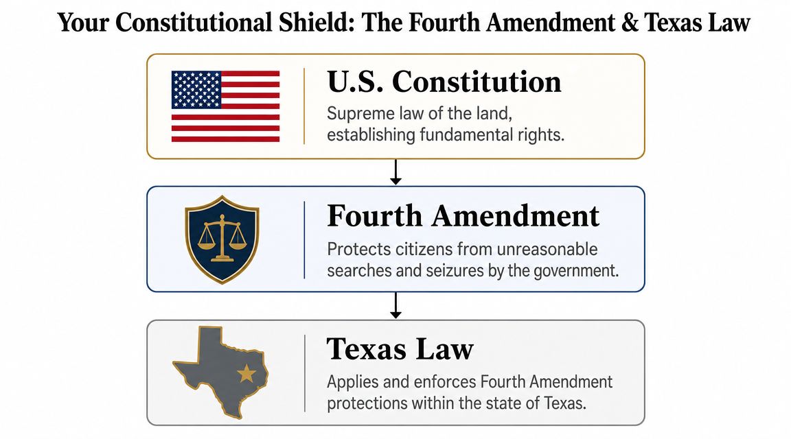 A diagram illustrating the hierarchy of U.S. Constitution, Fourth Amendment, and Texas state law protections.
