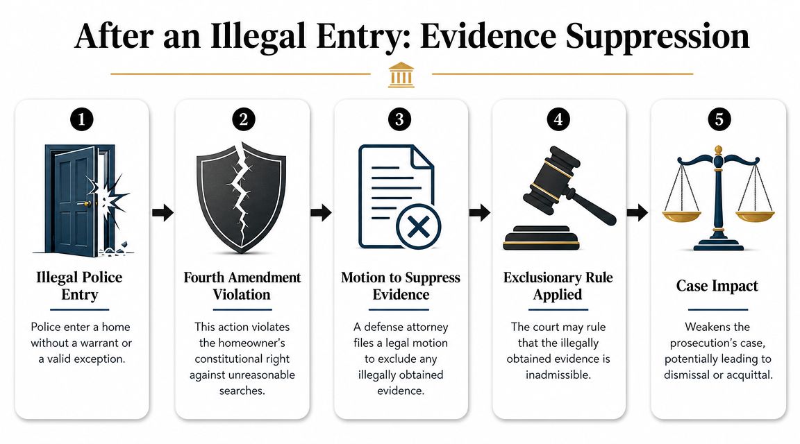 A flowchart showing the legal process after an illegal police entry, resulting in evidence suppression in court.