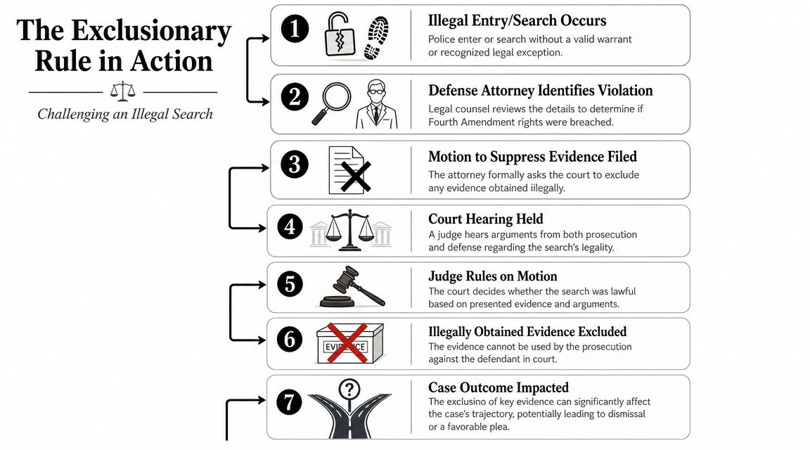 A seven-step infographic illustrating the Exclusionary Rule process for challenging illegal police searches in court.